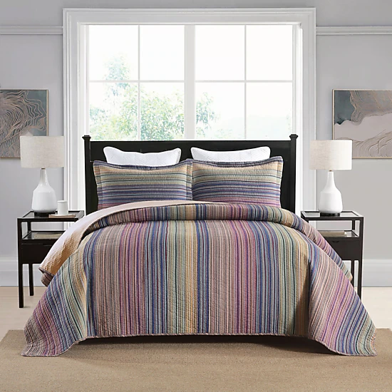 MarCielo 3 Pieces 100% Cotton Striped Quilt Bedspread Set-Soft Lightweight Bedding