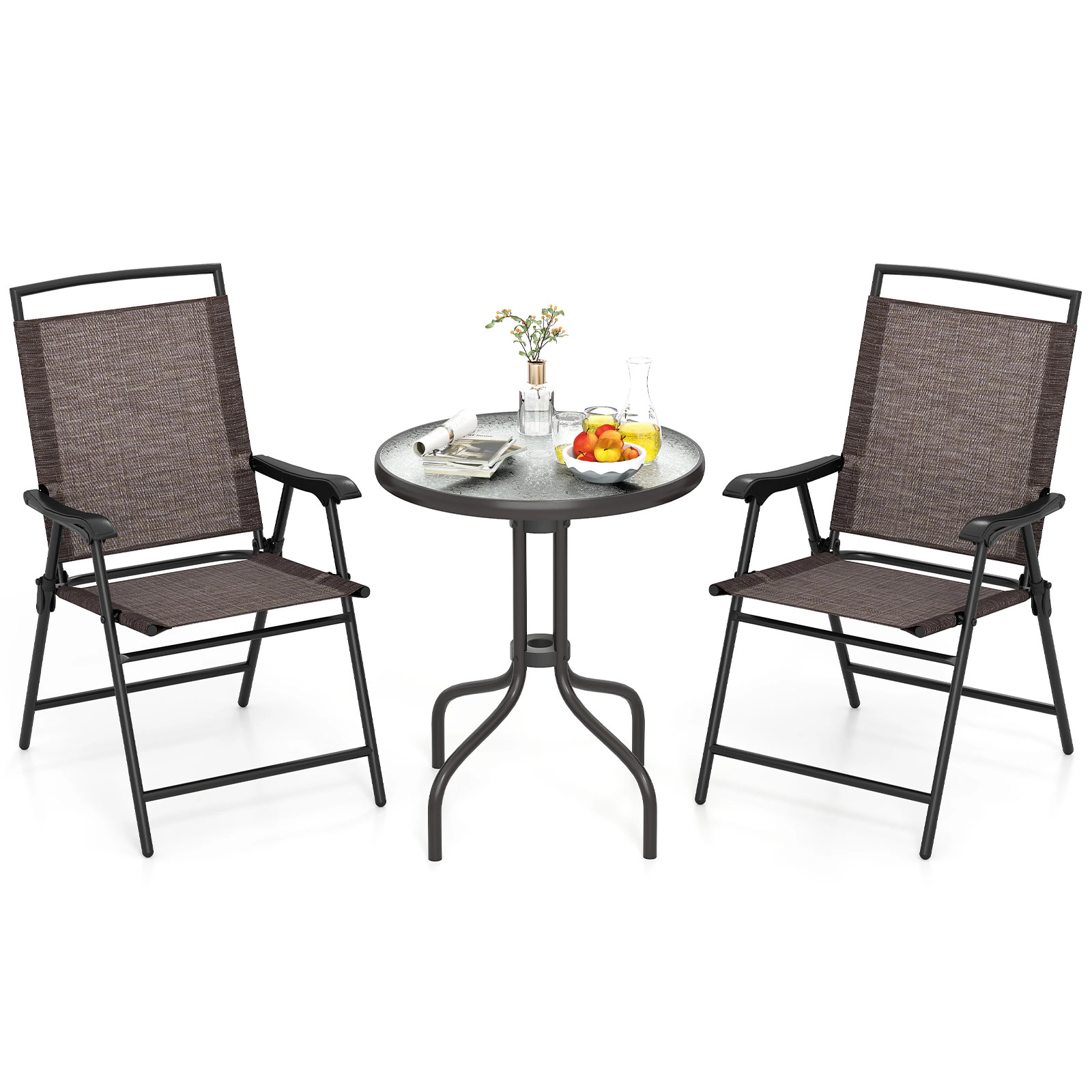 LJG 3 Pieces Patio Round Table and Folding Chairs Set with Rippled Tempered Glass Tabletop