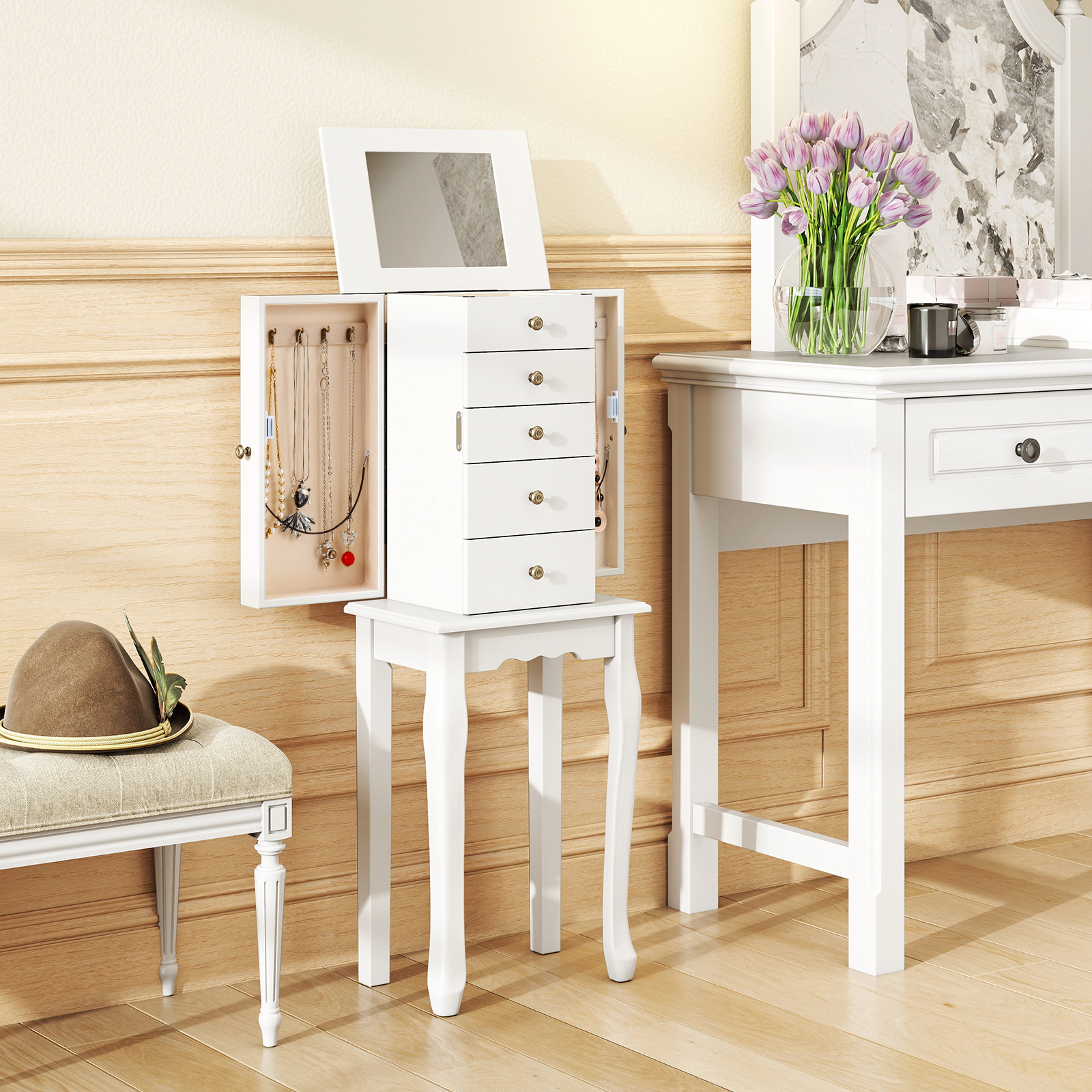 SUGIFT Standing Jewelry Cabinet White 34 in Armoire with 5 Drawers and Mirror