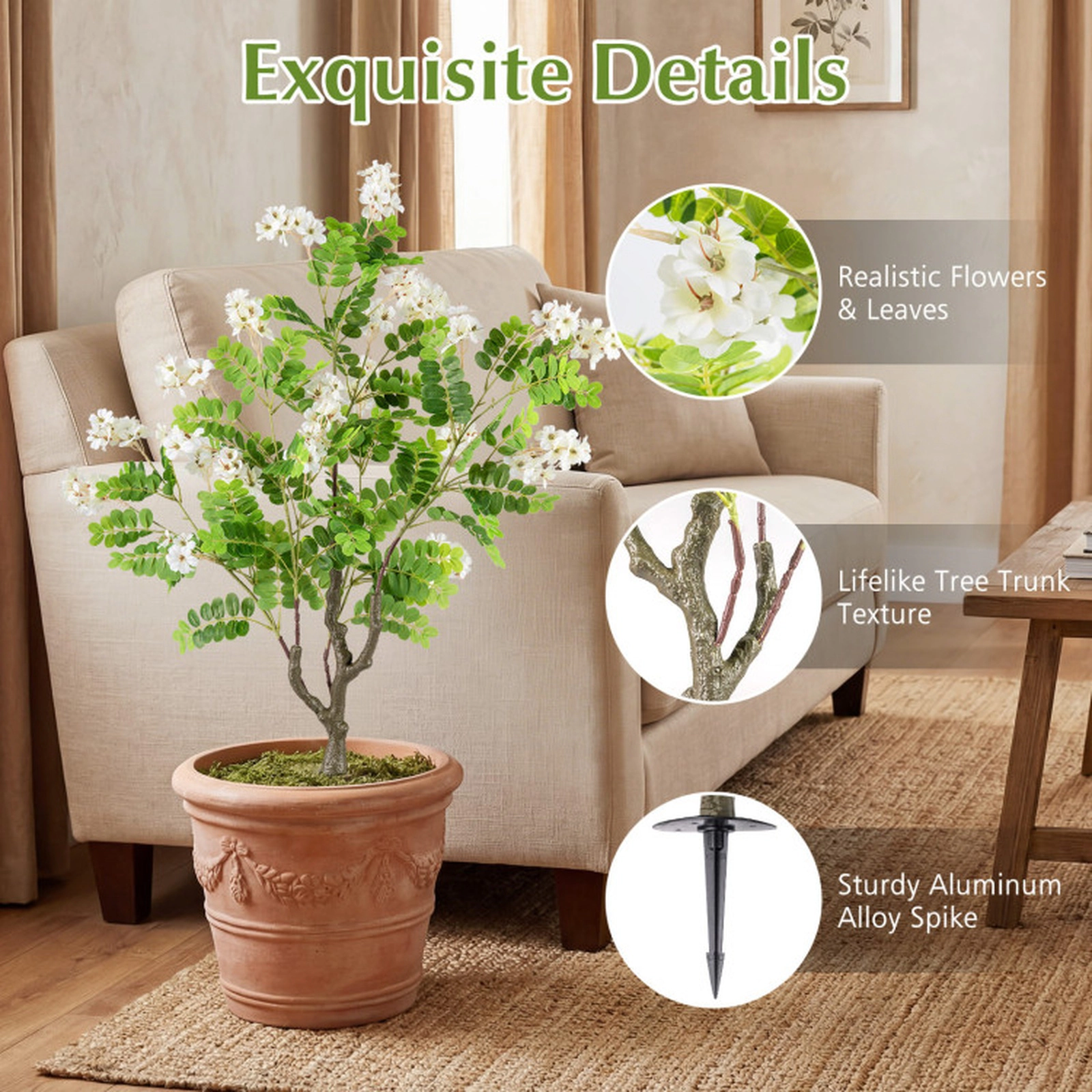 SUGIFT Set of 2 39-in Artificial White Locust Flower Trees with Silk Blooms and Aluminum Ground Spikes