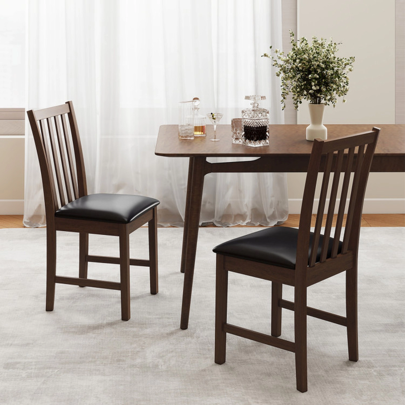 SUGIFT Rubber Wood Dining Chair Set of 2 with Padded PVC Leather Seat 330-lb Capacity Brown+Black