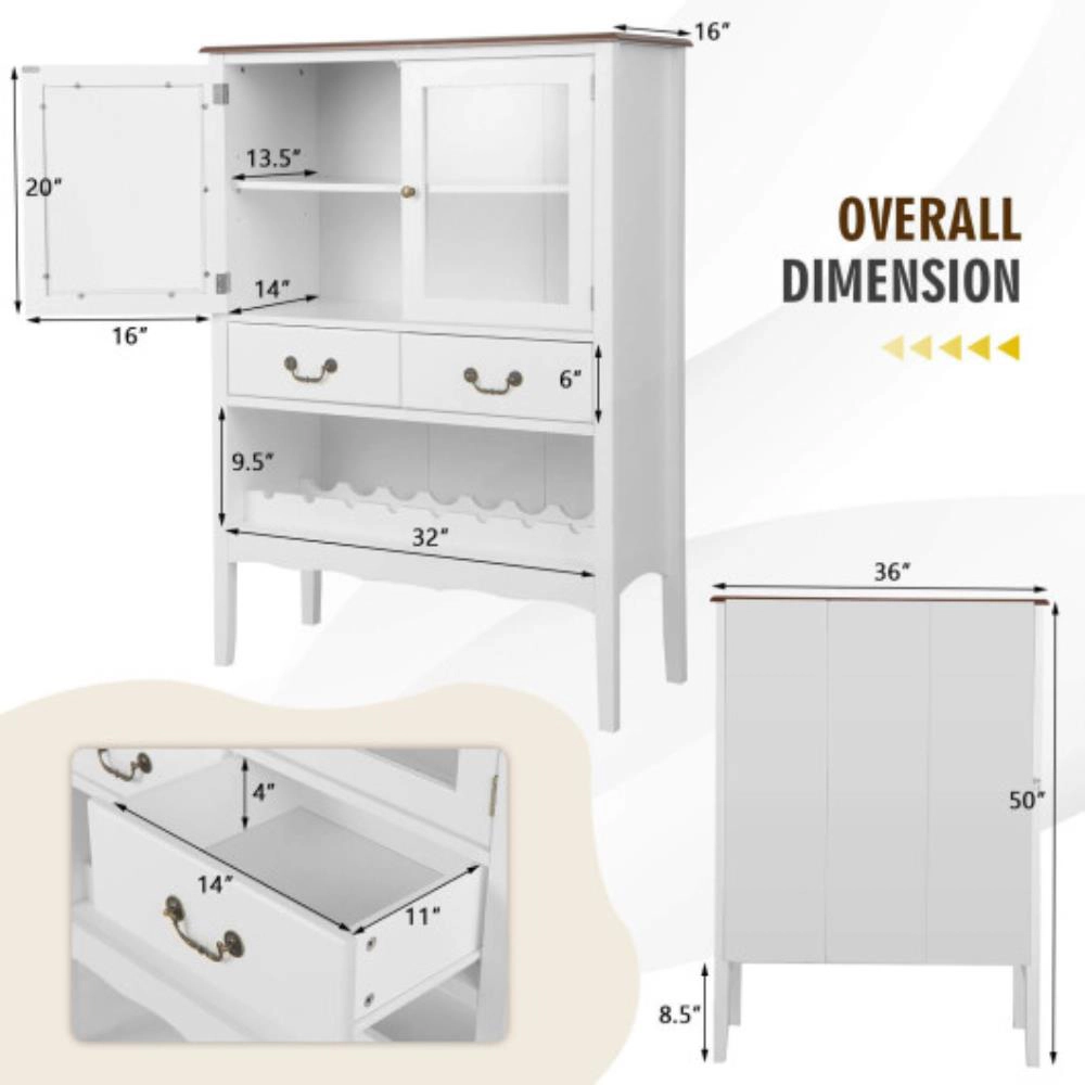 Hivvago Sideboard Buffet Cabinet With 2 Tempered Glass Doors-White