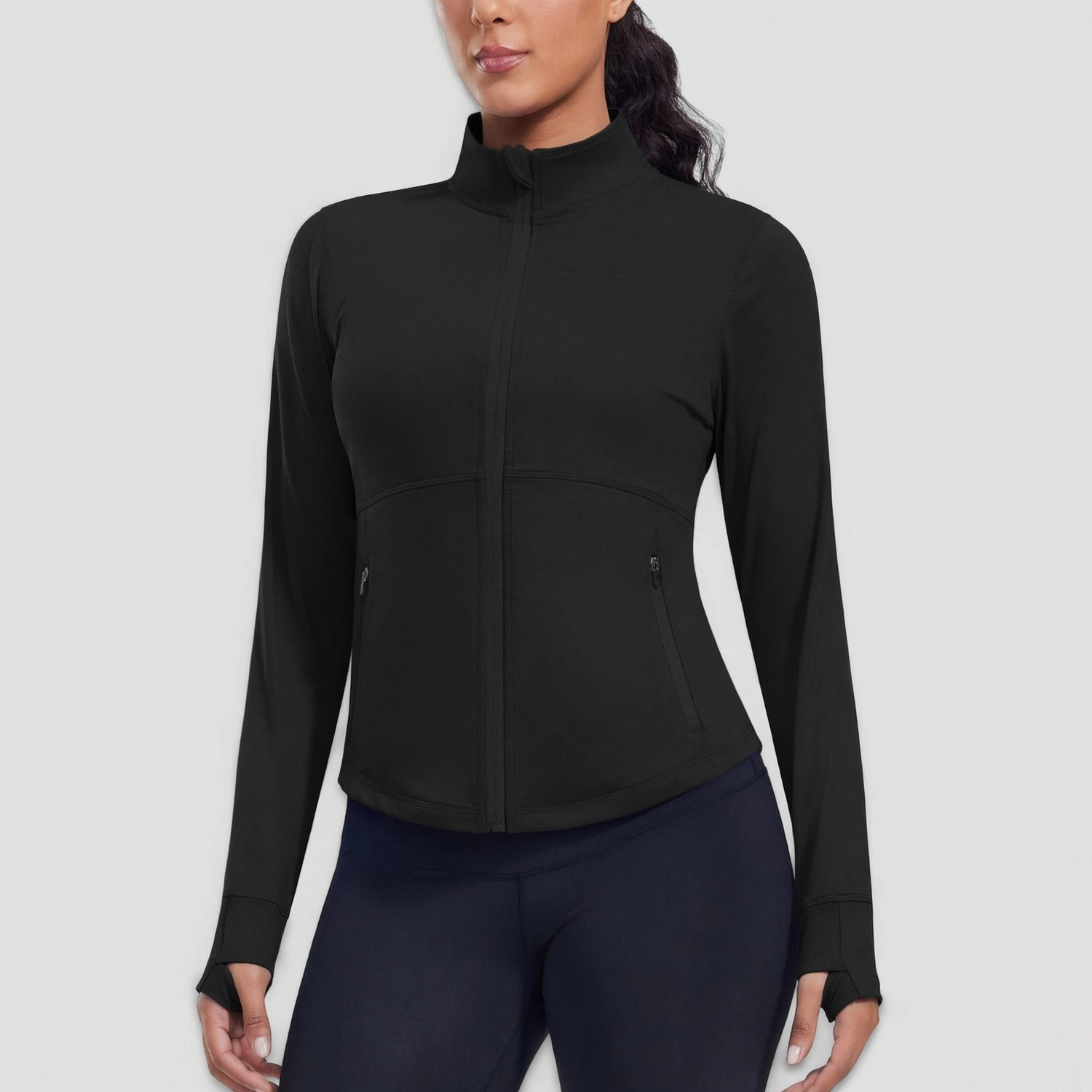 Pinspark Womens Solid Full Zip Track Jacket High Neck Long Sleeve Thumbhole Slim Coat