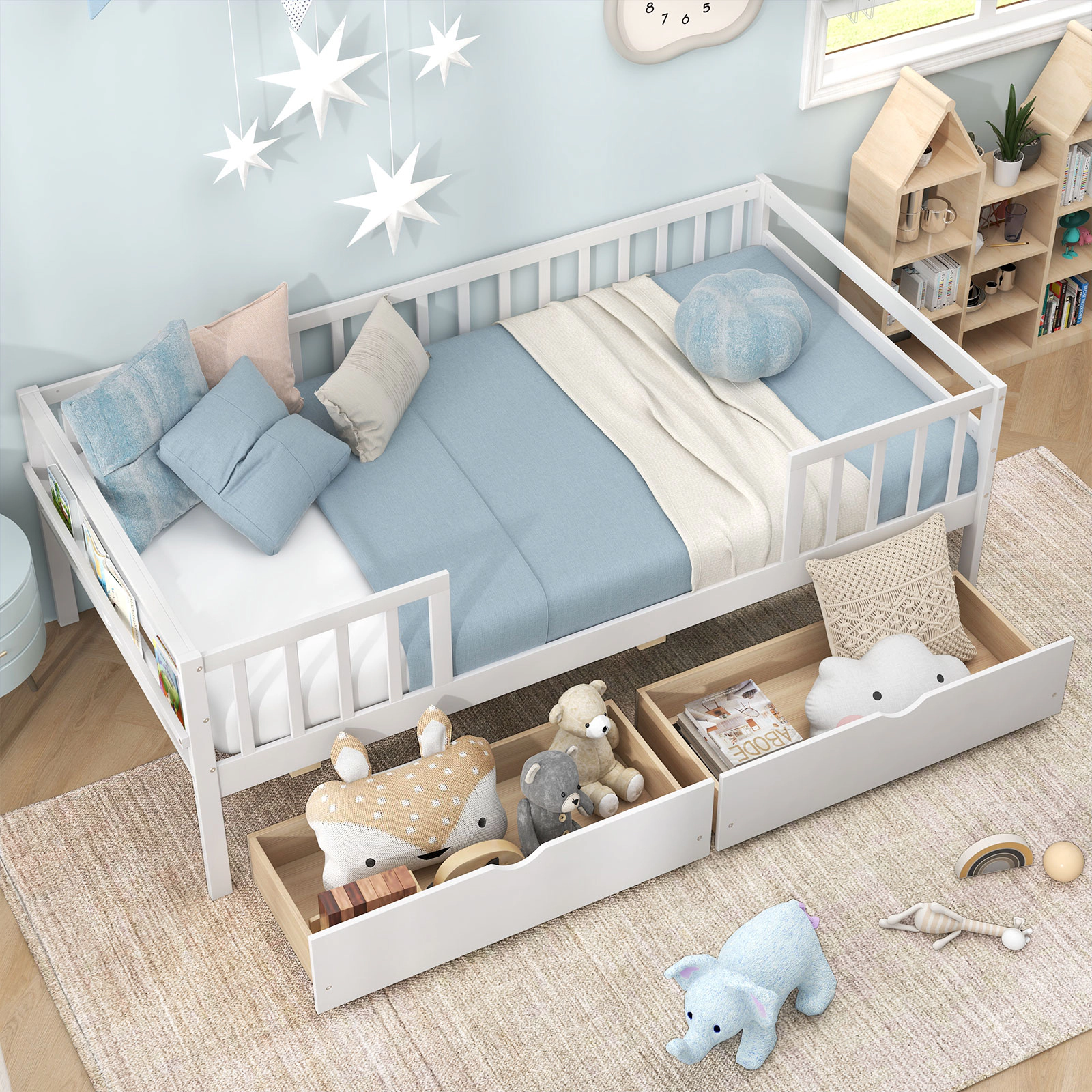 SUGIFT Twin Kids Daybed, 3-Side Fence Rails, 2 Storage Drawers, White