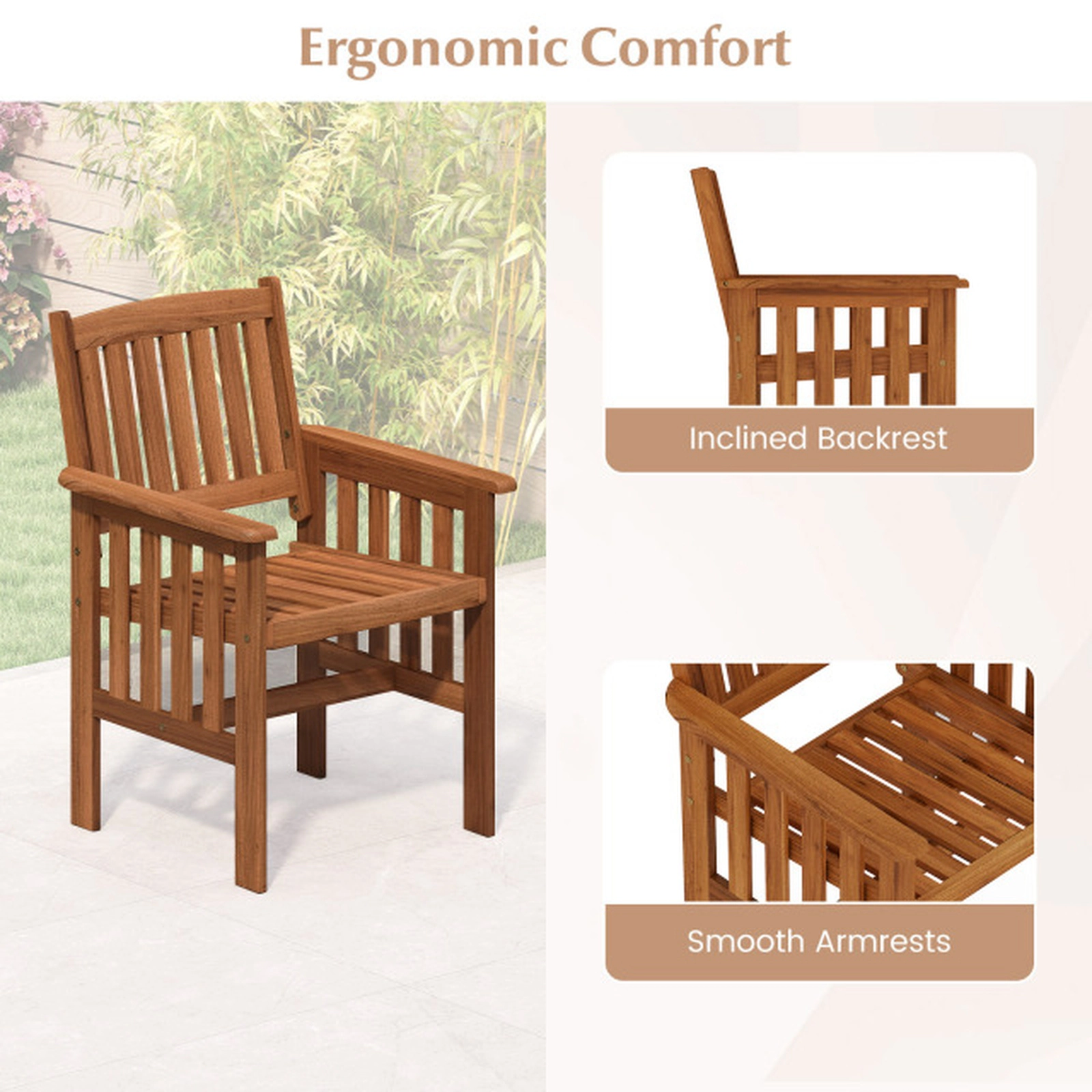 SUGIFT Set of 2 Solid Wood Patio Chairs with Armrests Slatted Seat Inclined Backrest 300-lb Capacity Natural