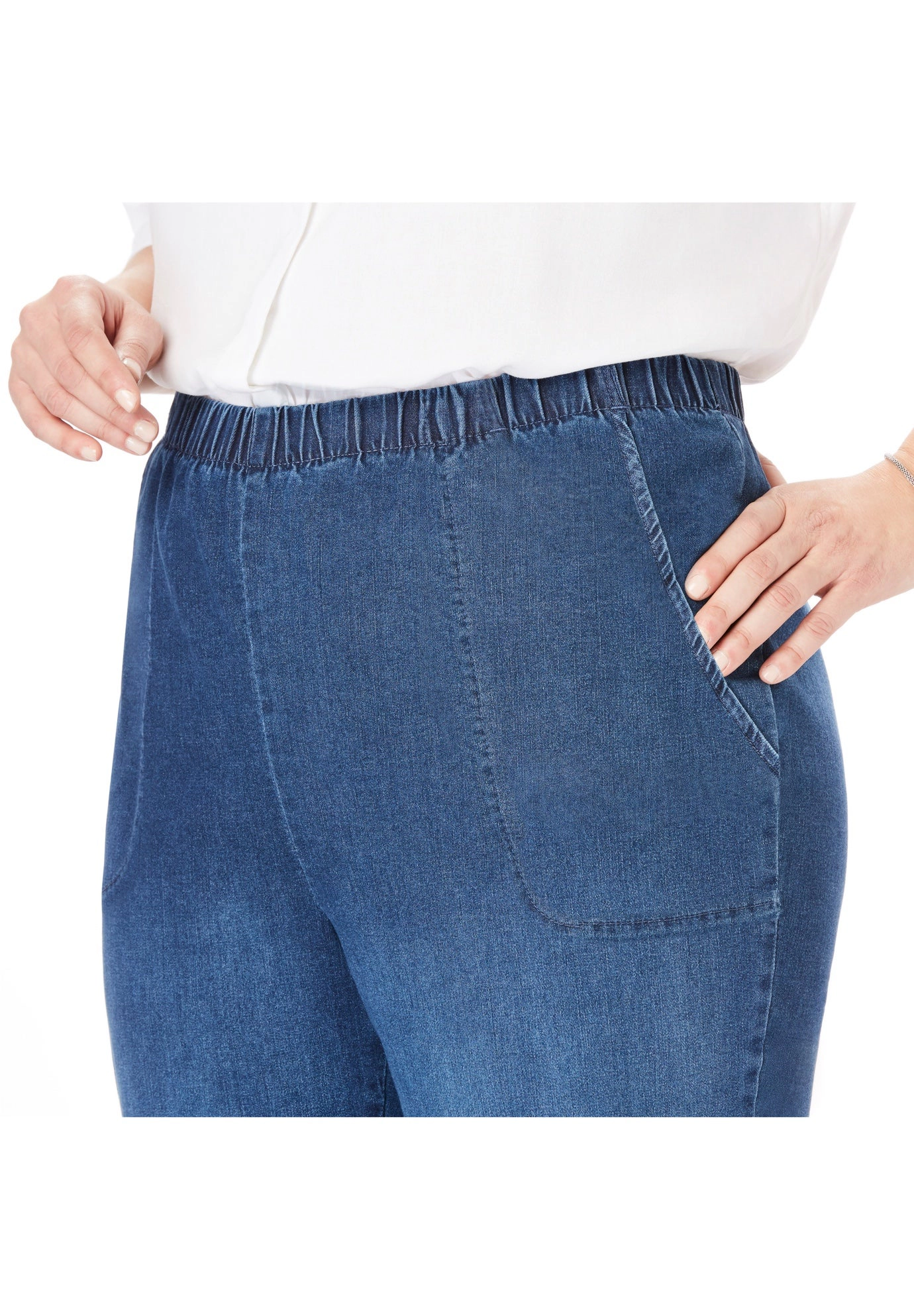 Woman Within Plus Fineline Pull-On Elastic Waist Straight-Leg Stretch Denim Jeans