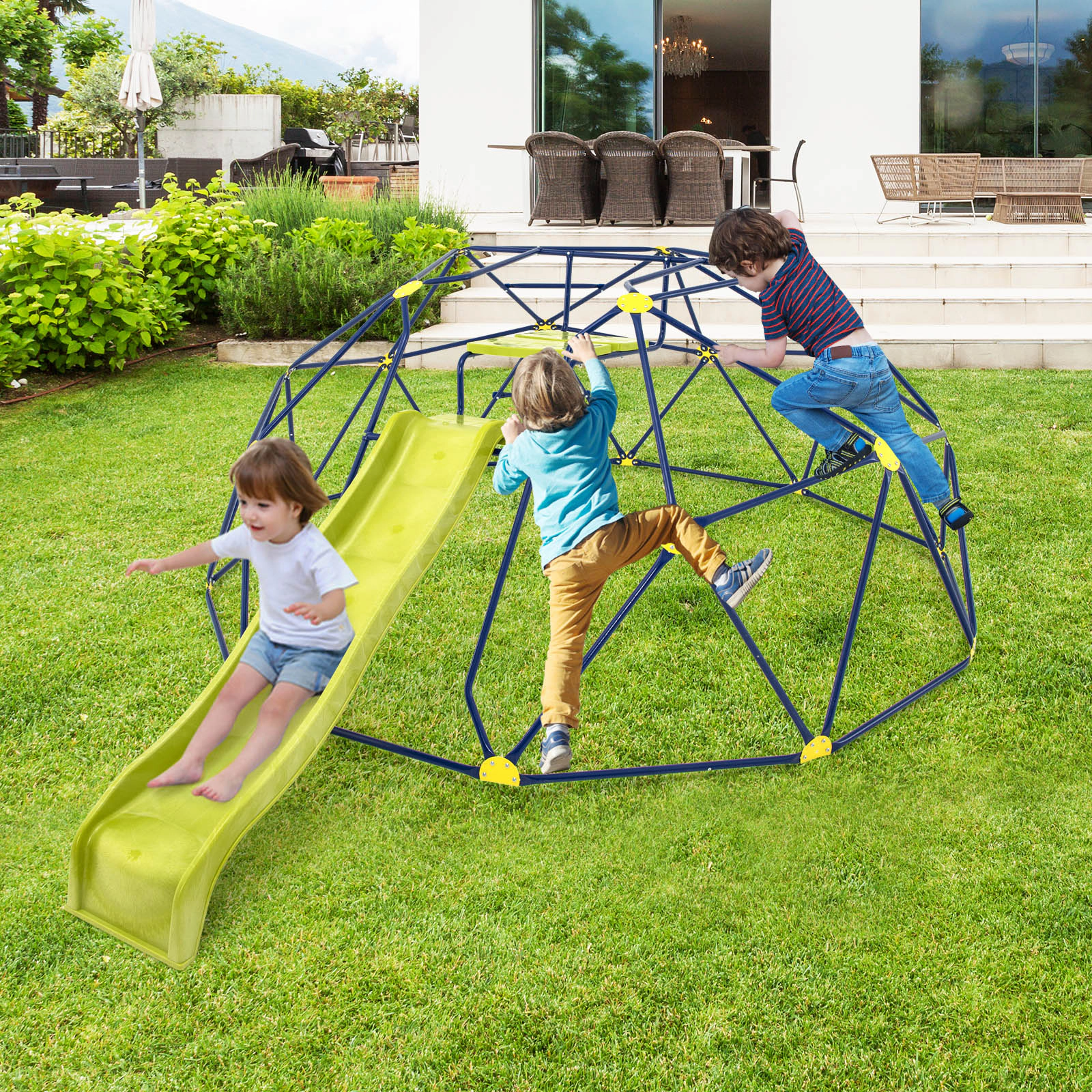 LJG Kids 13.3 FT Climbing Dome Geometric Dome Climber with Extended Wavy Slide and 2 Rest Platforms