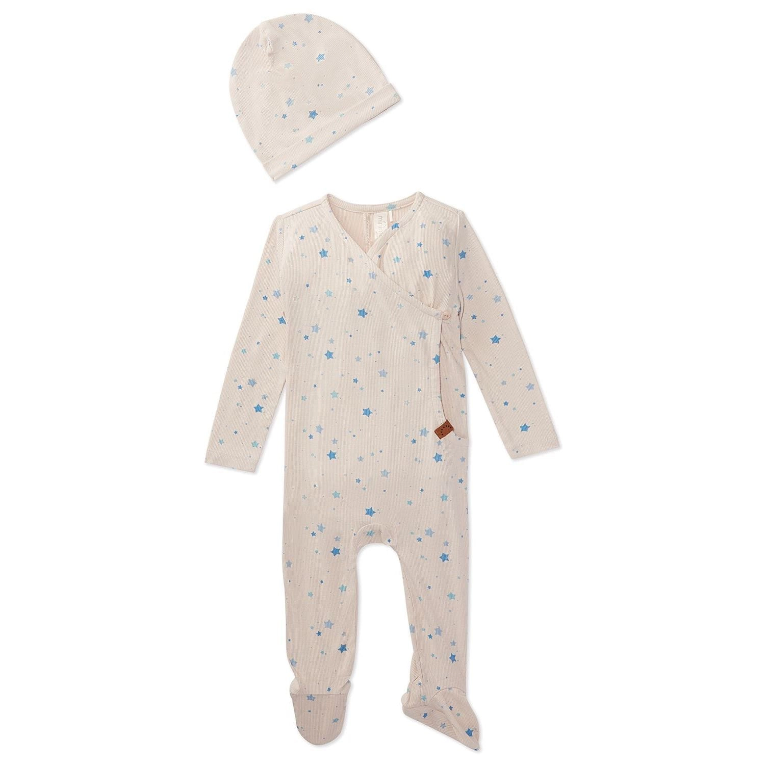 MeMoi 2 Piece Set Baby Ribbed Rayon-Blend Star-Pattern Footie and Beanie