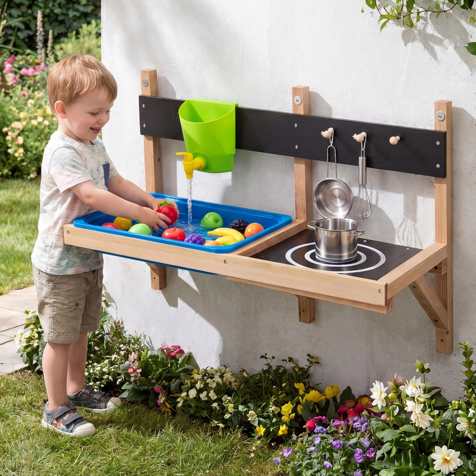 Wall Mounted Mud Kitchen for Kids Outdoor with Water Tank Faucet and 15.5-in Sink 31.5-in x 13.5-in x 22-in Fir Wood