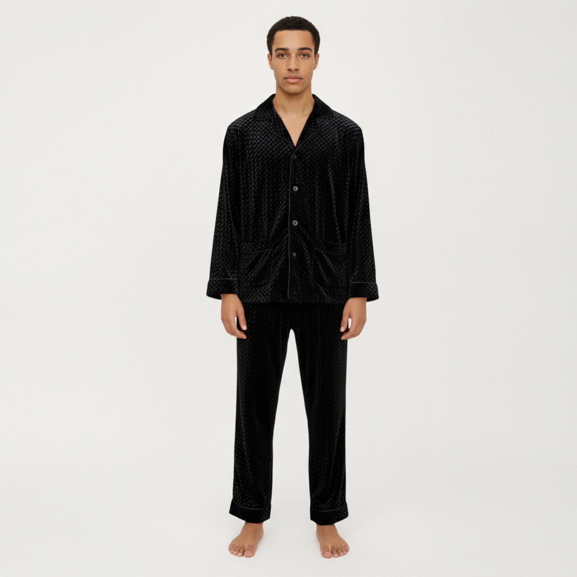 Anna-Kaci Men's 2-Piece Textured Velvet Pajamas with Button Up Top and Straight Leg Pants