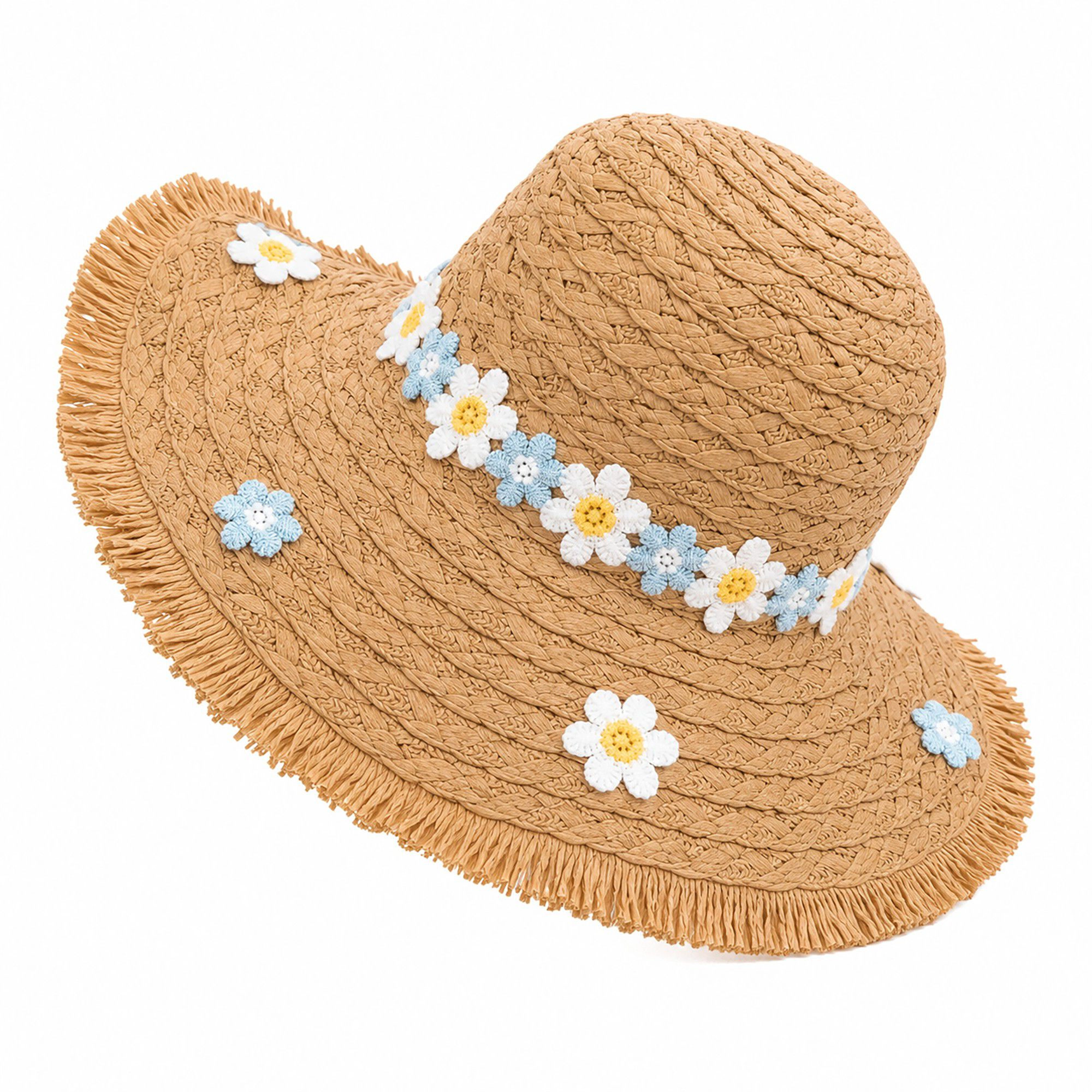 Anna-Kaci Women's Braided Straw Sun Hat with Floral Applique Trim and Fringe Brim Design