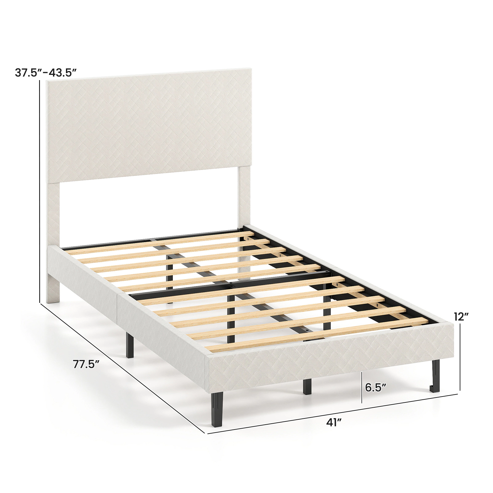 SUGIFT Height Adjustable Velvet Upholstered Twin Platform Bed Frame Chevron Headboard 500-lb Capacity 77.5-in Long Beige
