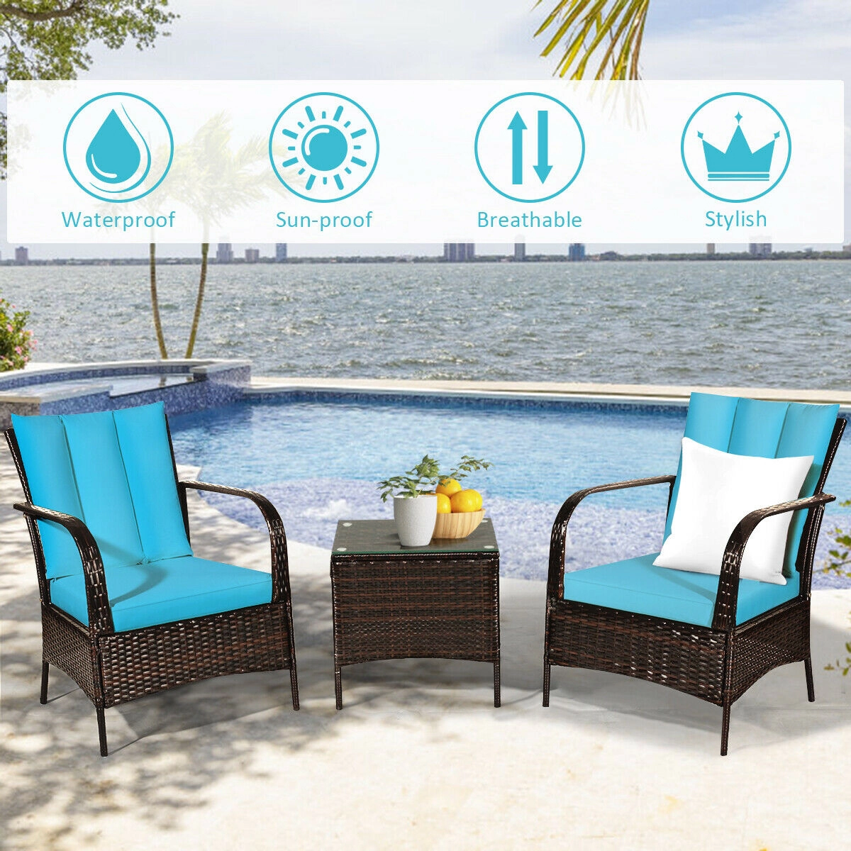 SUGIFT Patio Rattan Conversation Set with Glass Top Coffee Table 360-lb Chair Capacity with Cushions Turquoise