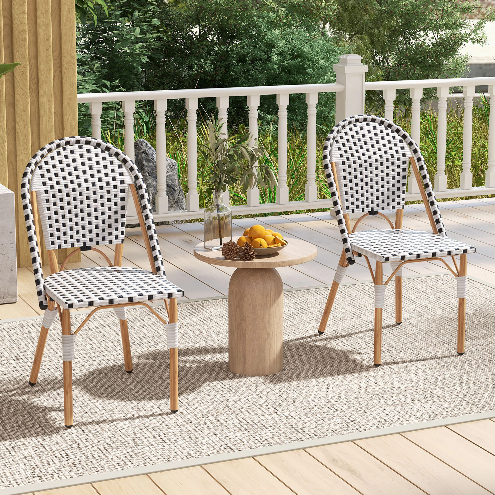 SUGIFT French Bistro PE Rattan Dining Chair Set of 2 with Galvanized Metal Frame 330-lb Capacity White Black Natural