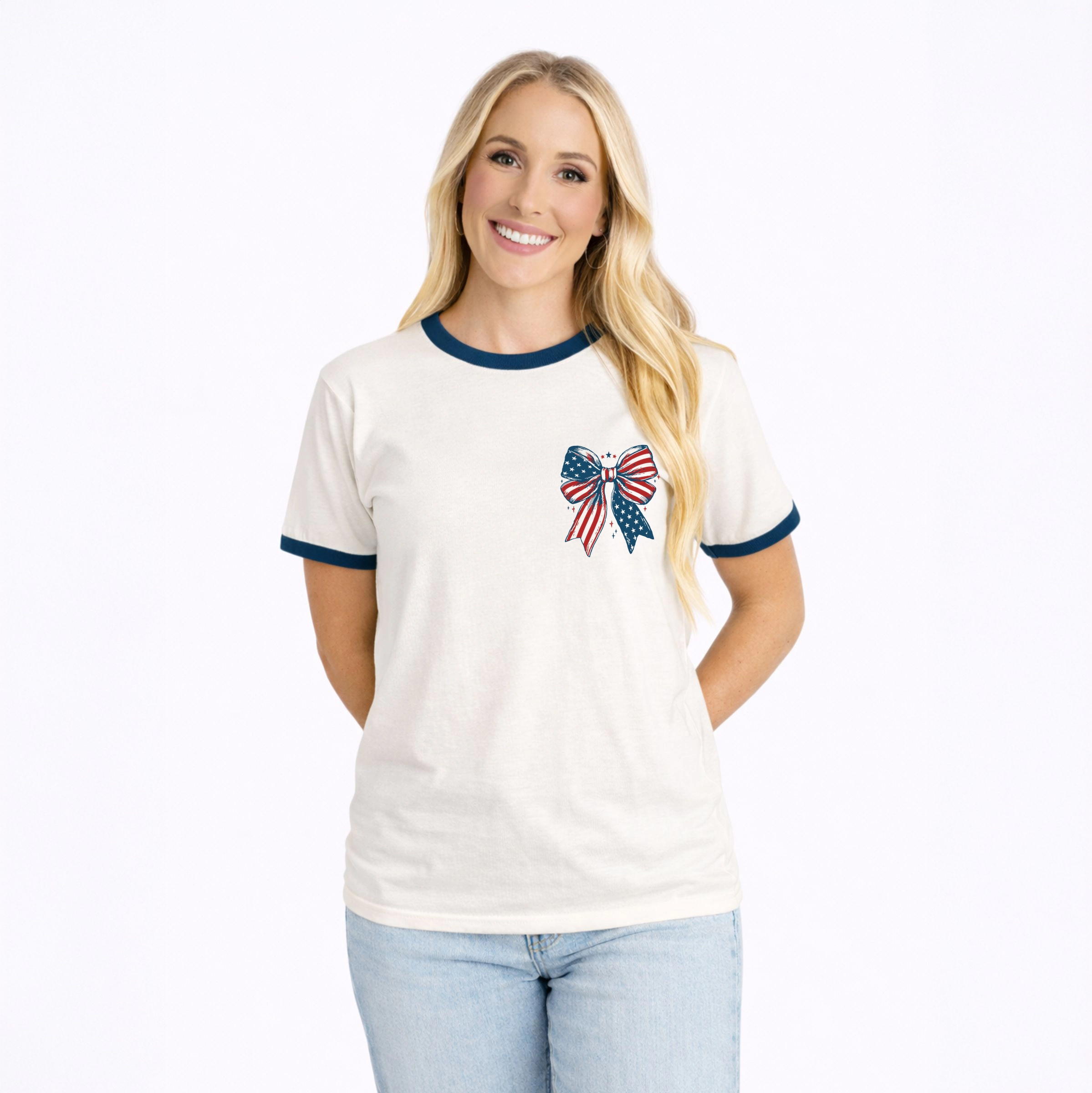 Simply Sage Market - Patriotic Bow Stars Women's Ringer Graphic T-Shirt