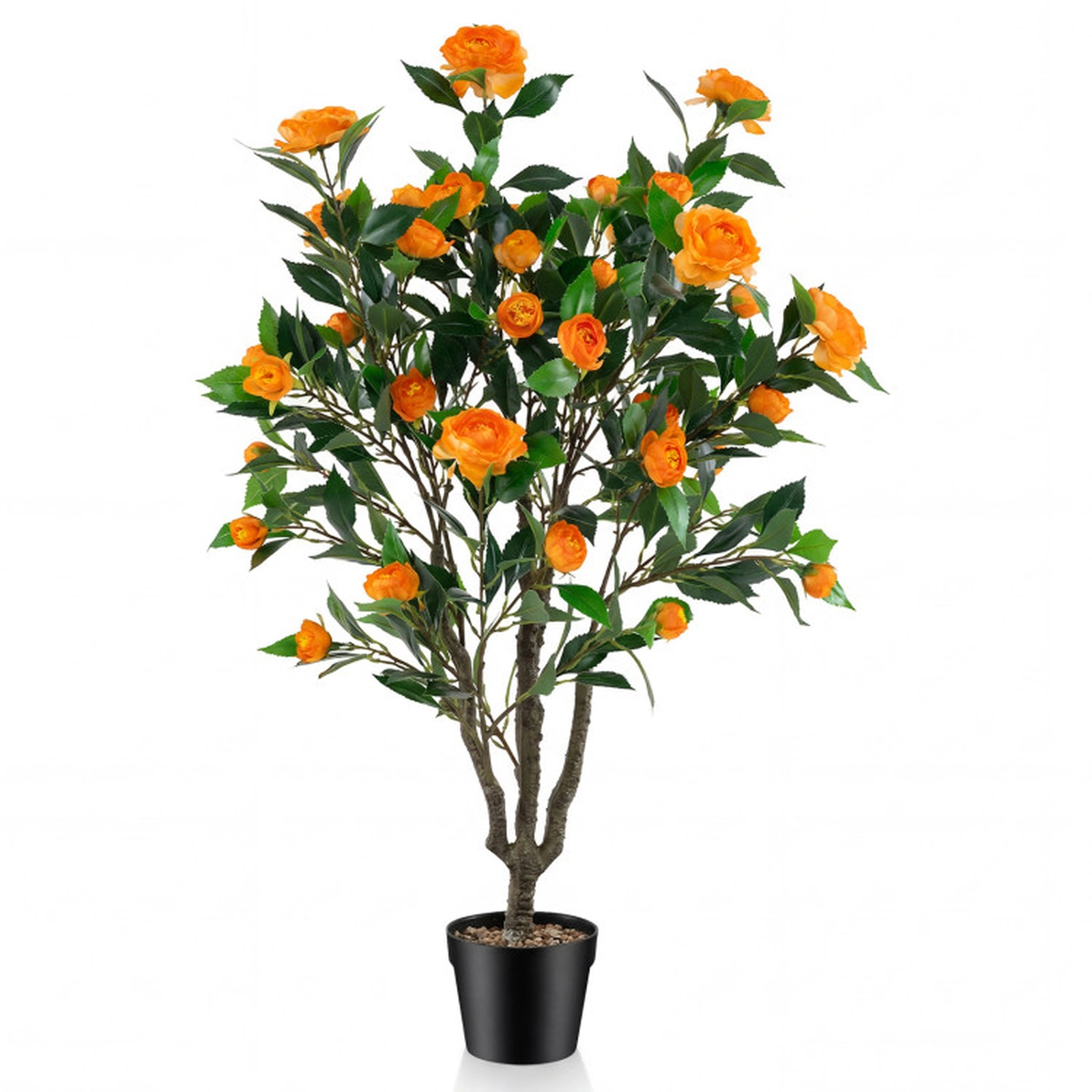 SUGIFT 40-in 37 Blossoms River Stone Topped Cement Pot Artificial Camellia Tree 6-in x 5.5-in Pot 8-lb Orange
