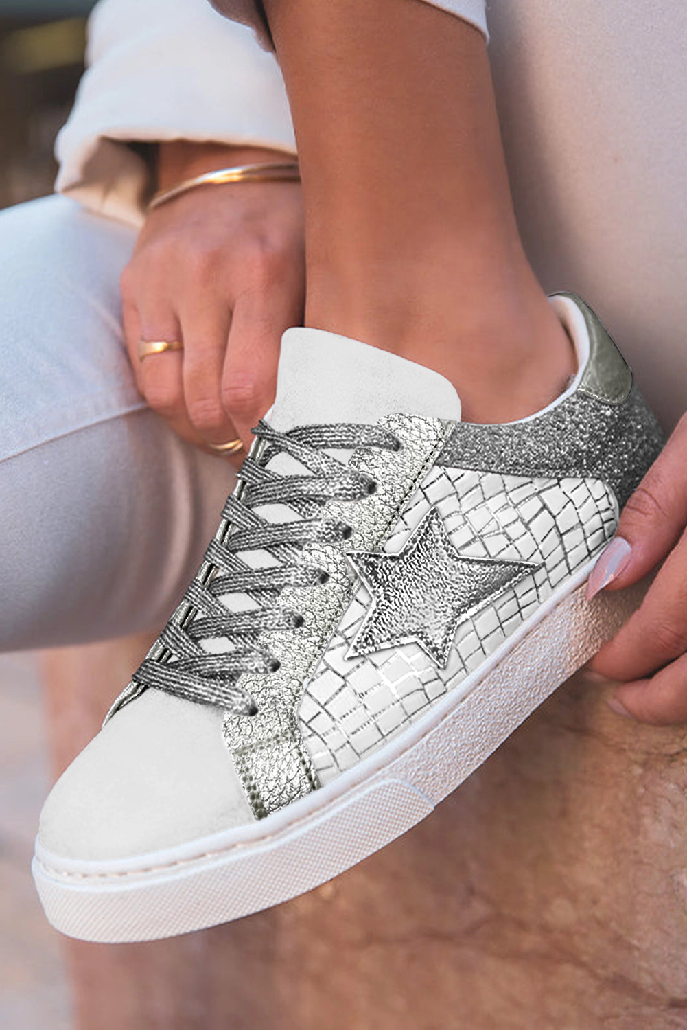 Threaded Pear Women's Emi Glitter Star Lace-up Sneakers