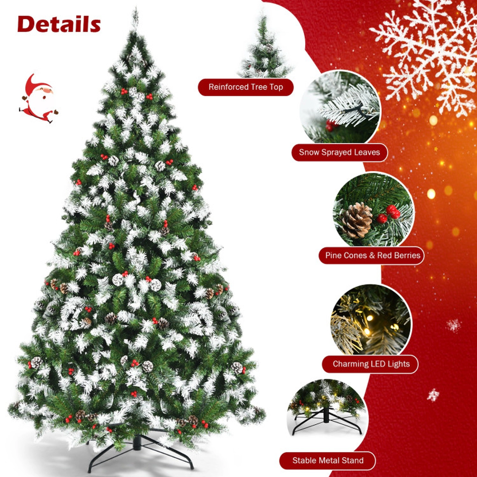 SUGIFT Snow Pre-lit Christmas Tree with Red Berries and Warm White LED Lights 6-ft PVC Metal Hinged Sections Green