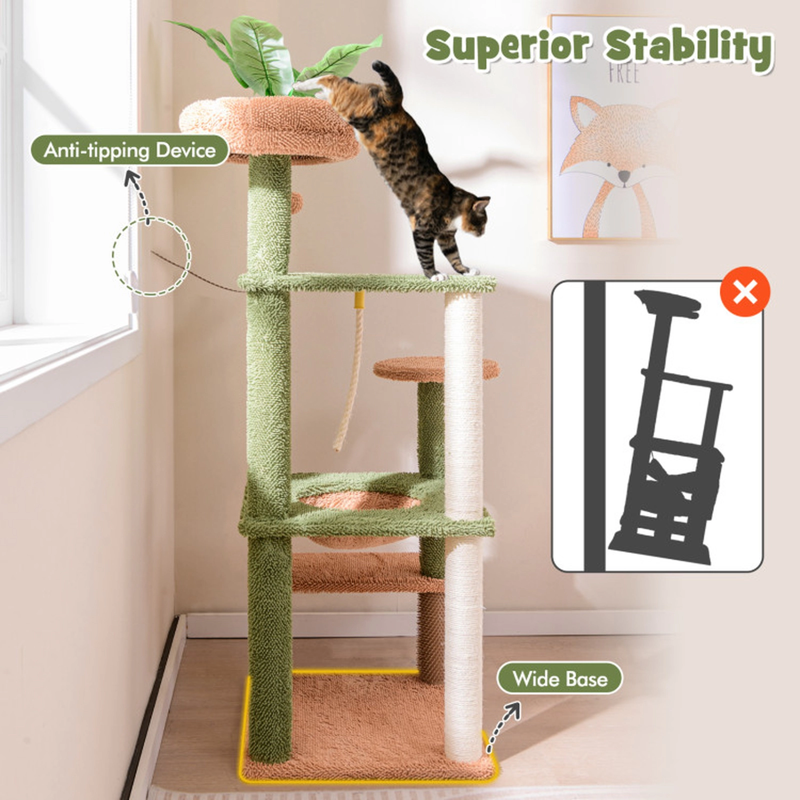 SUGIFT 60-in Green Tree-Inspired Cat Tree Tower with Plush Perch Sisal Posts and Faux Plant 19.5-in Base