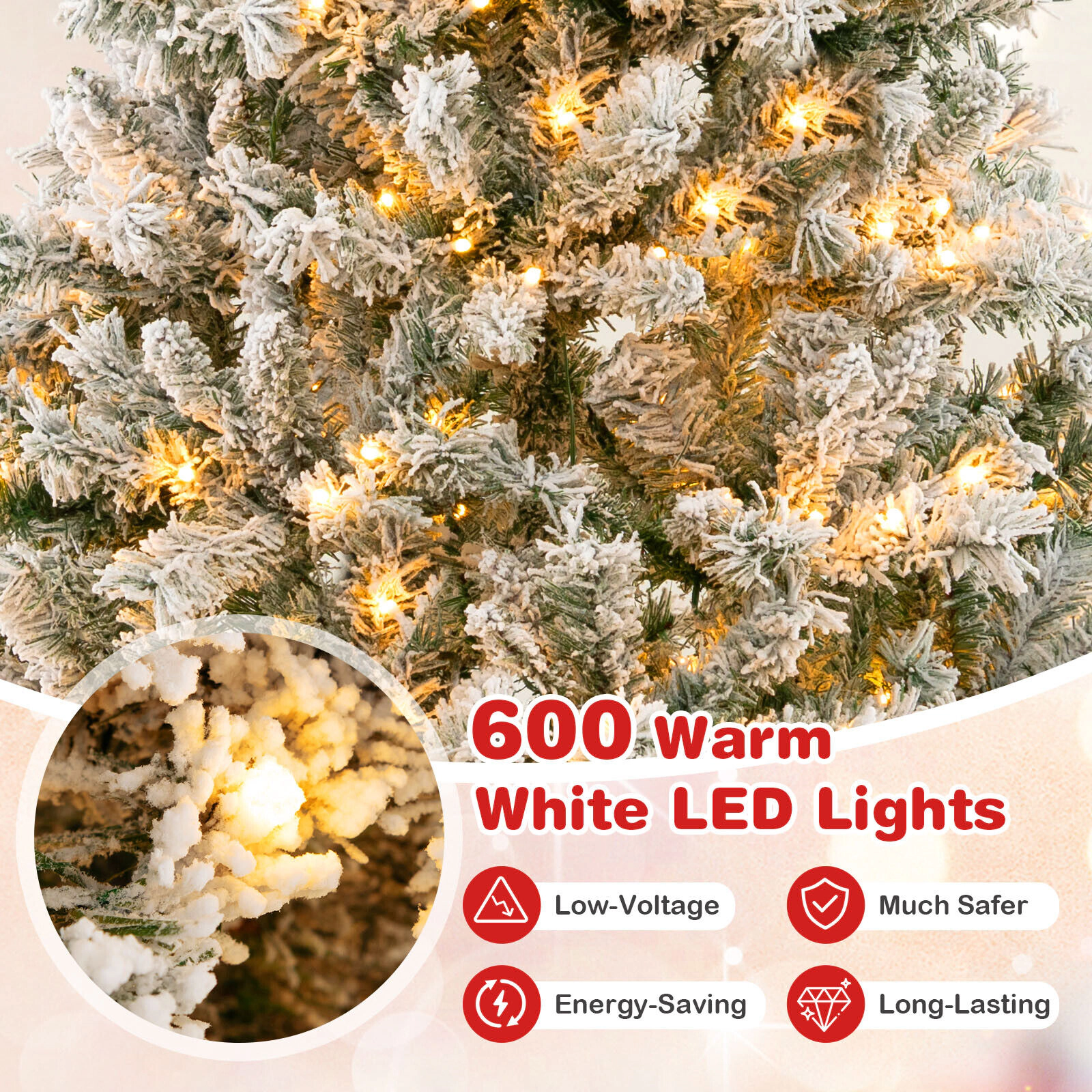 Glintex 8-Ft Flocked Christmas Tree with 1370 Tips and 600 Warm White LEDs, Green