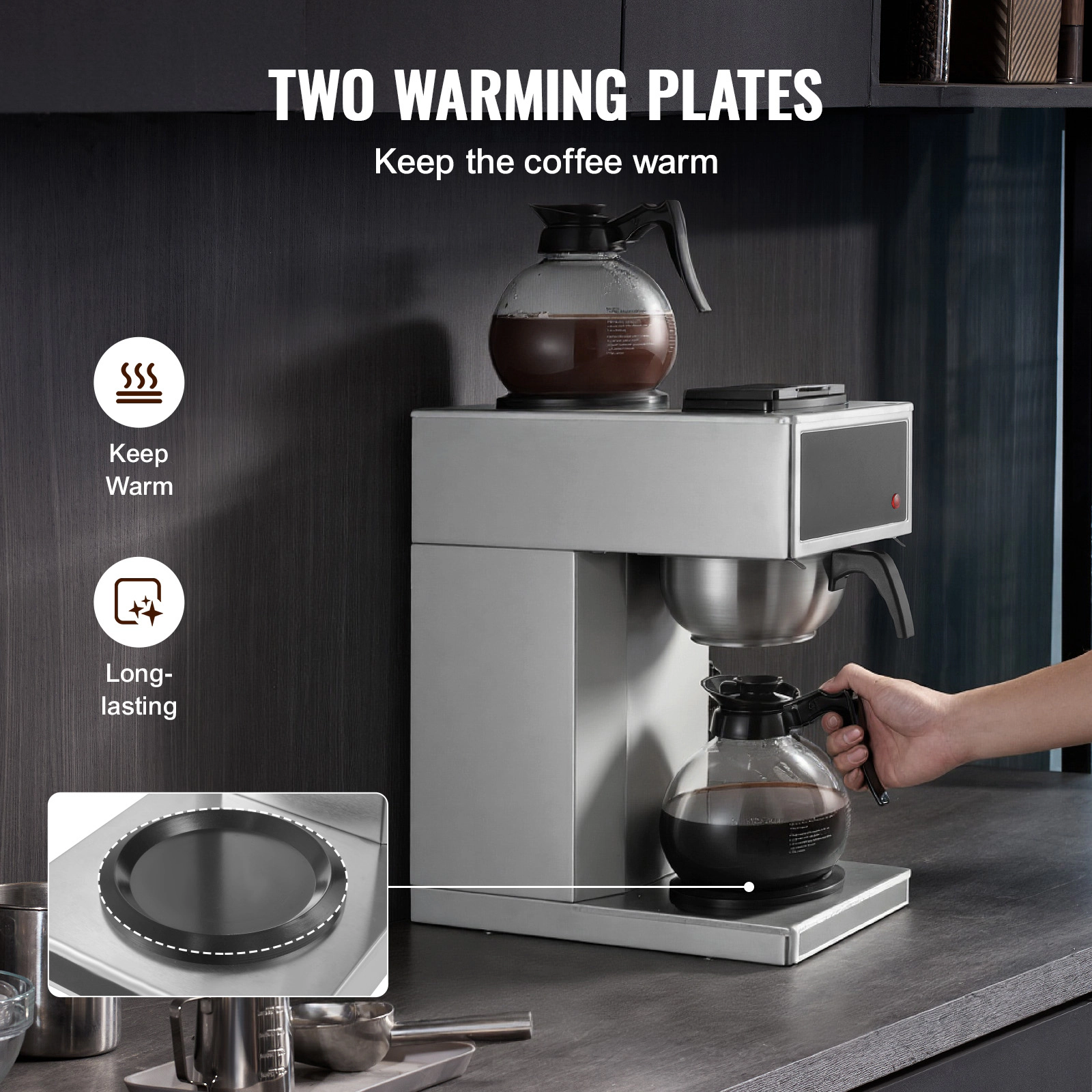 HONGGE Commercial Drip Coffee Maker, 12 Cups Coffee-Maker Machine with Glass Carafes and Decanter Warmer Plates