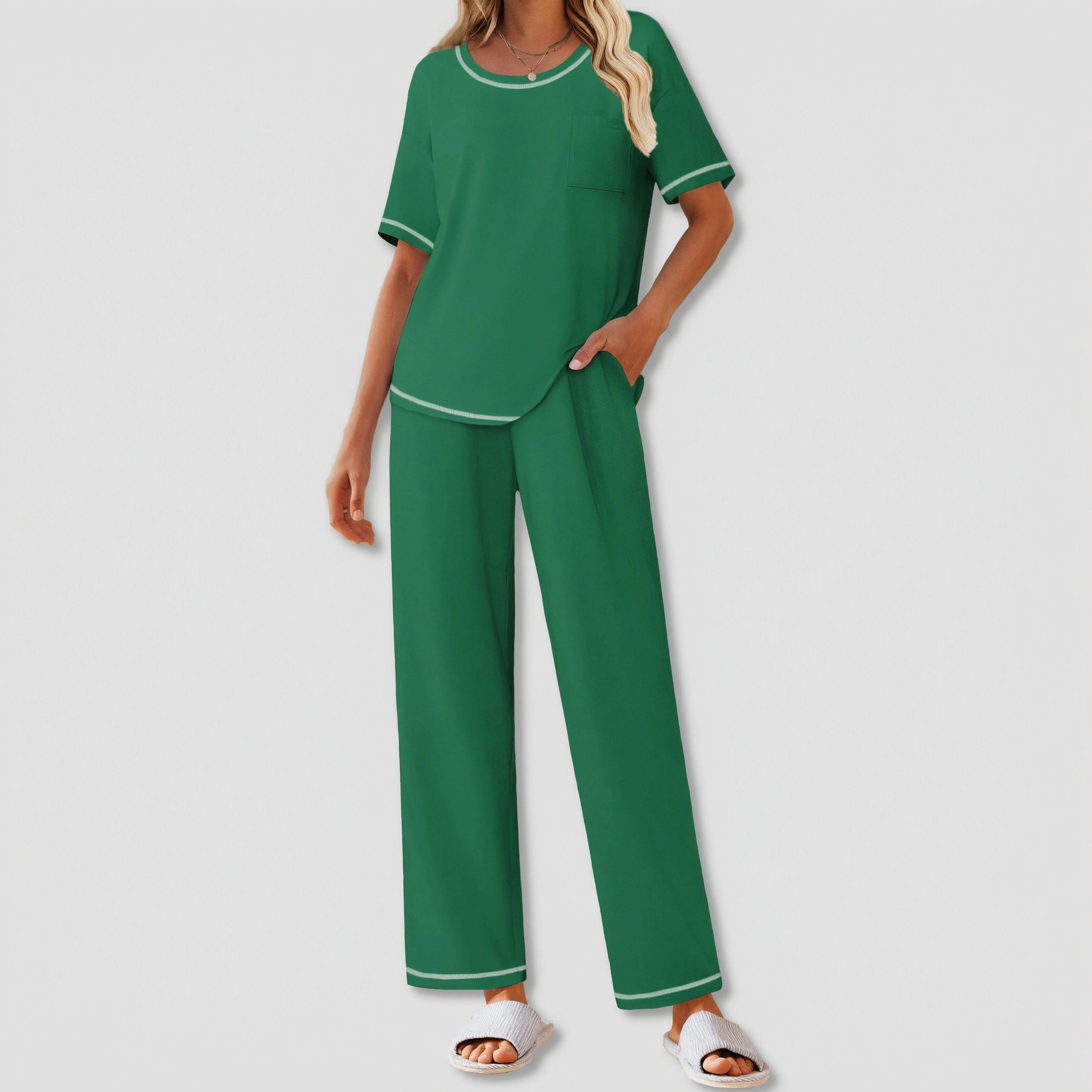 Ekouaer Cotton Pajamas Sets for Women Soft Contrast Piping Lounge Set Two Piece Short Sleeve Pj