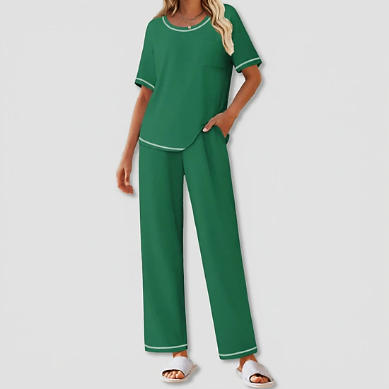 Ekouaer Cotton Pajamas Sets for Women Soft Contrast Piping Lounge Set Two Piece Short Sleeve Pj