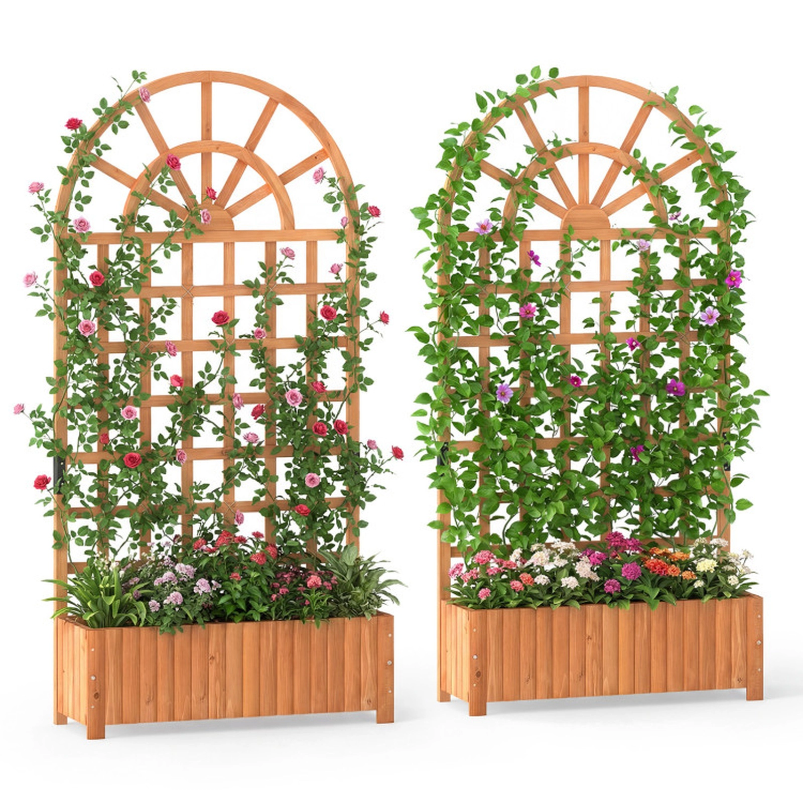 SUGIFT Set of 2 Wooden Raised Garden Bed Planter Boxes with Trellis 88-lb Capacity 71-in Tall Fir Wood Brown/Natural