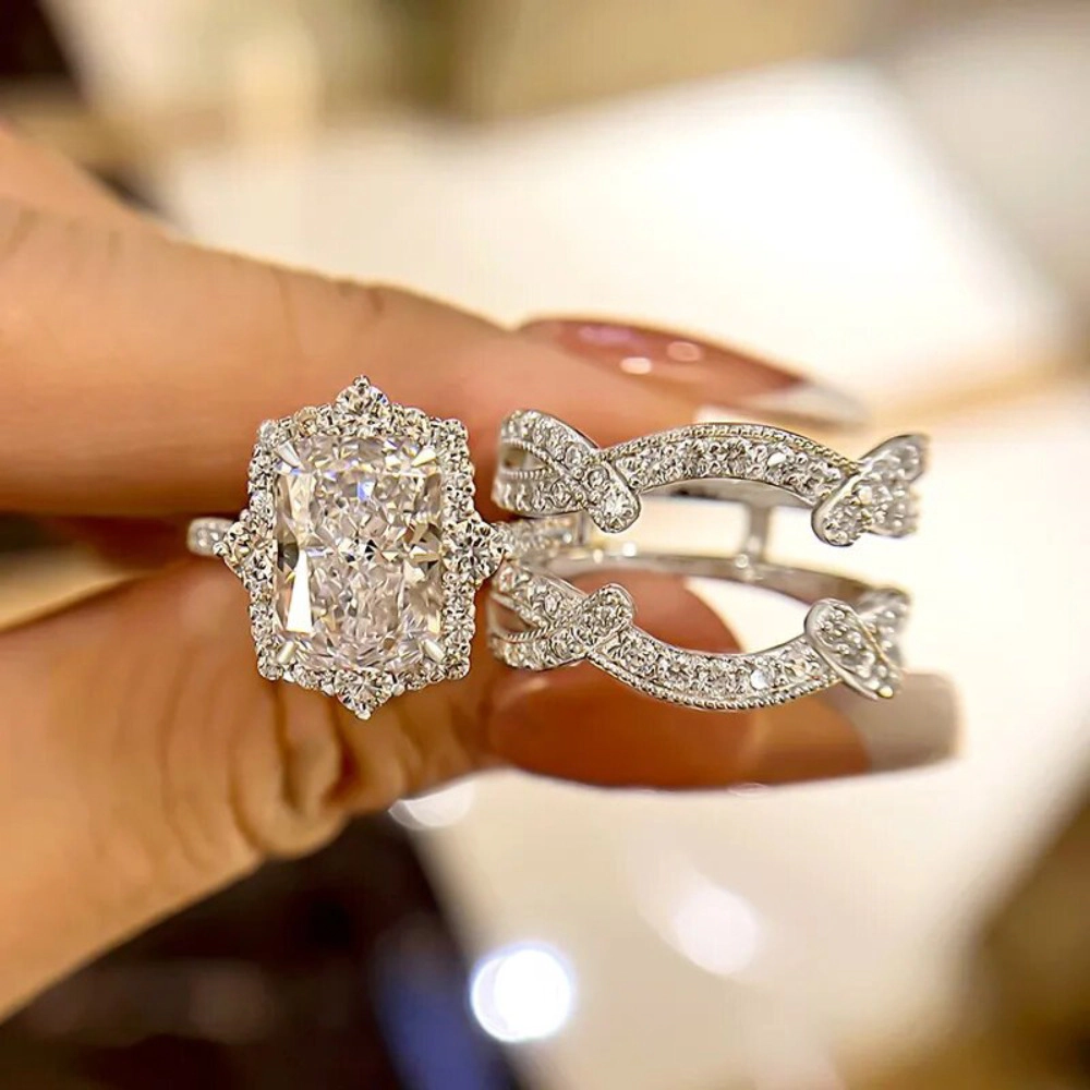 Wardrobe Whimsy Antique Halo Radiant Cut Cubic Zirconia Three Piece Bridal Ring Set