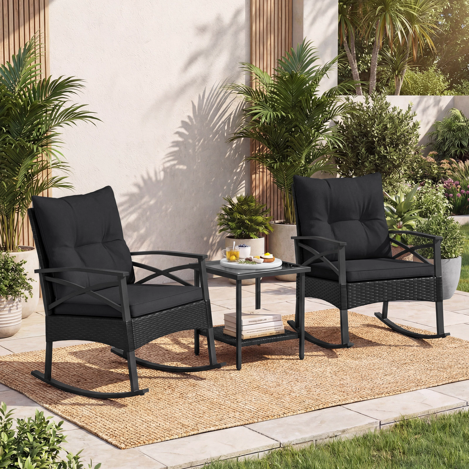 LJG 3 Pieces Outdoor Rattan Rocking Chairs Set with 2-Tier Side Table for Garden Backyard