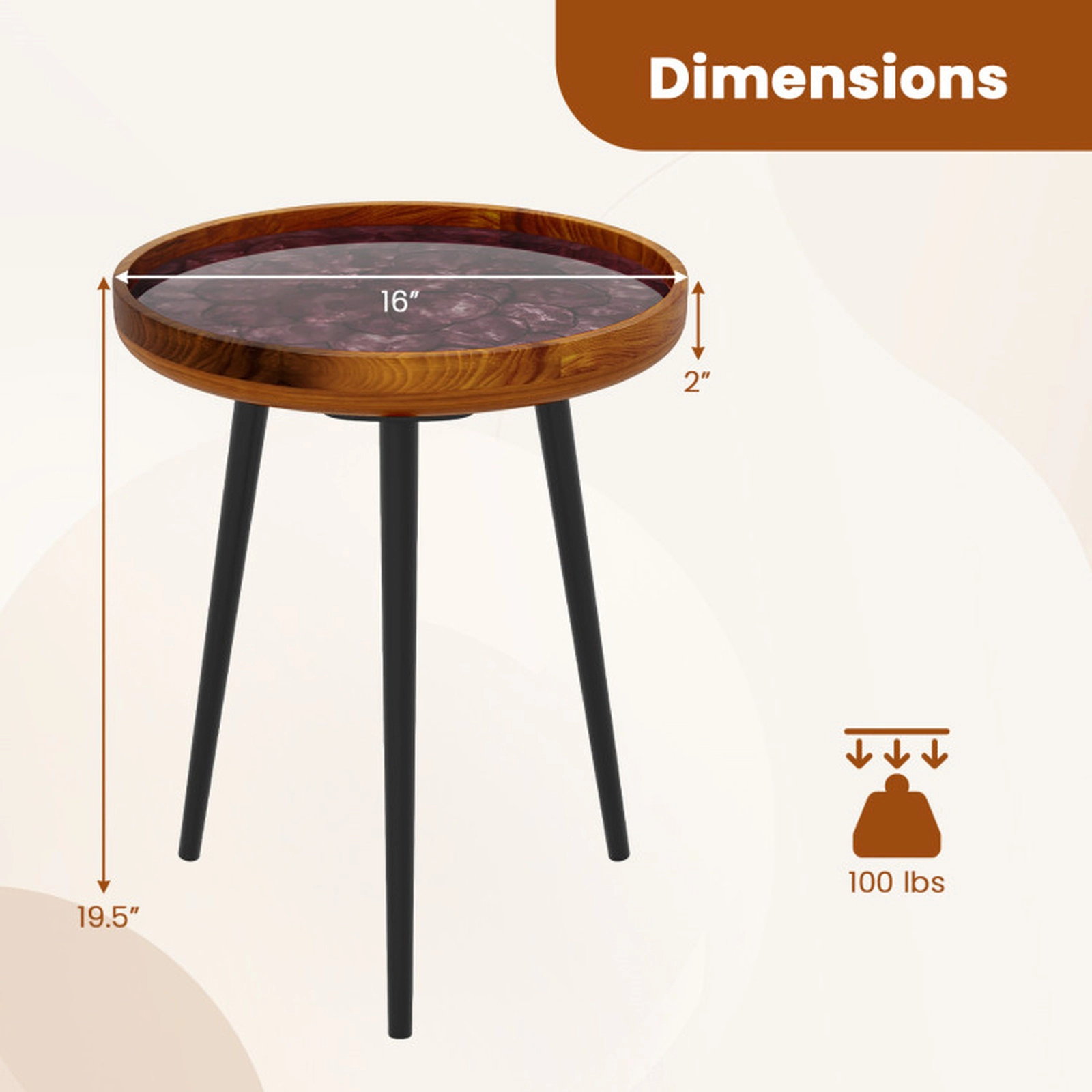 SUGIFT 16-in Round Sea Shell Accent End Table with Waterproof Epoxy Resin Tray Top and Teak Wood Surface