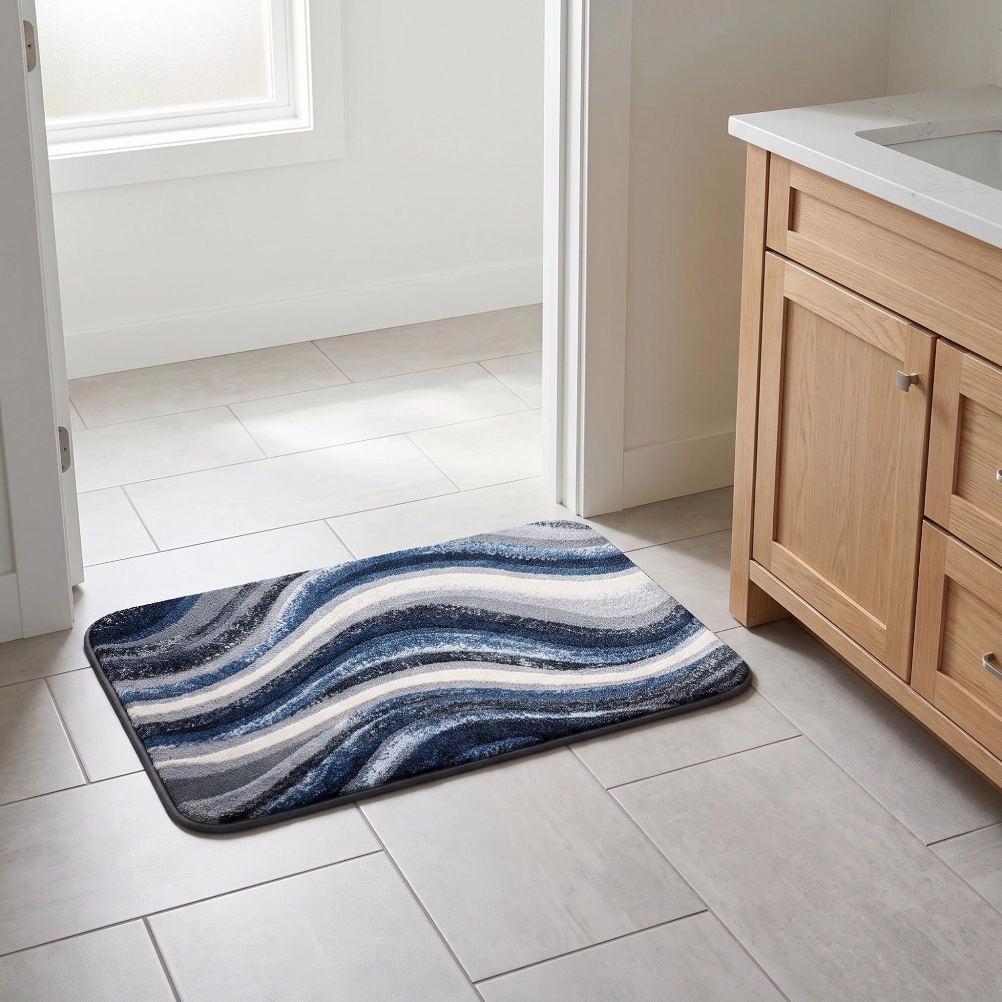 Alilang Unisex Abstract Navy Blue Wave Plush Bathroom Mat with Swirling Line Design