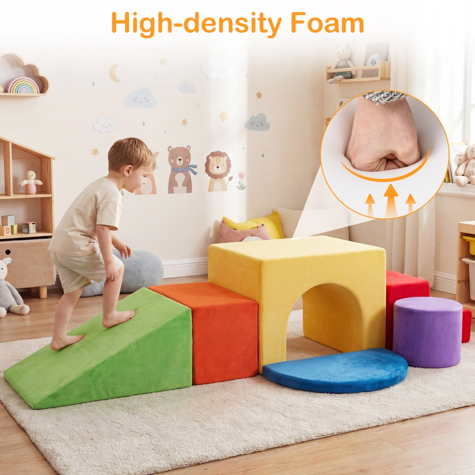 6-Piece Foam Climbing Blocks Soft Play Set with Slide Arch Tunnel and Cushion Velvet Toddler Climbing Toys Red