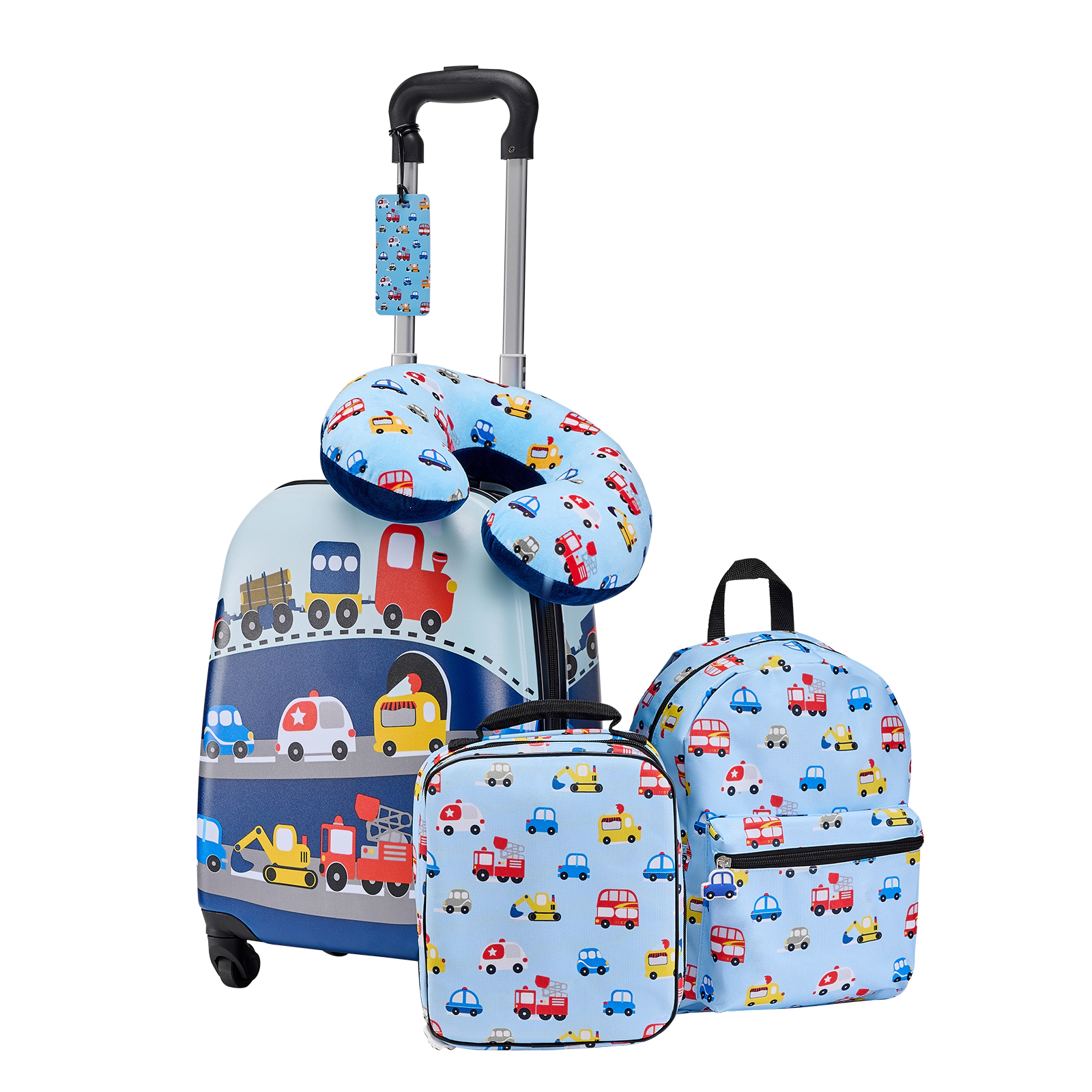 HONGGE Kids 5-Piece Travel Set with 18-Inch Spinner Suitcase, Backpack, Neck Pillow, Lunch Bag and ID Tag, Truck