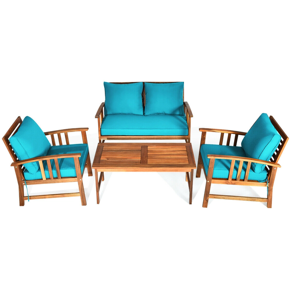 SUGIFT 4-Piece Acacia Wood Patio Conversation Set with Loveseat, 2 Chairs and Coffee Table