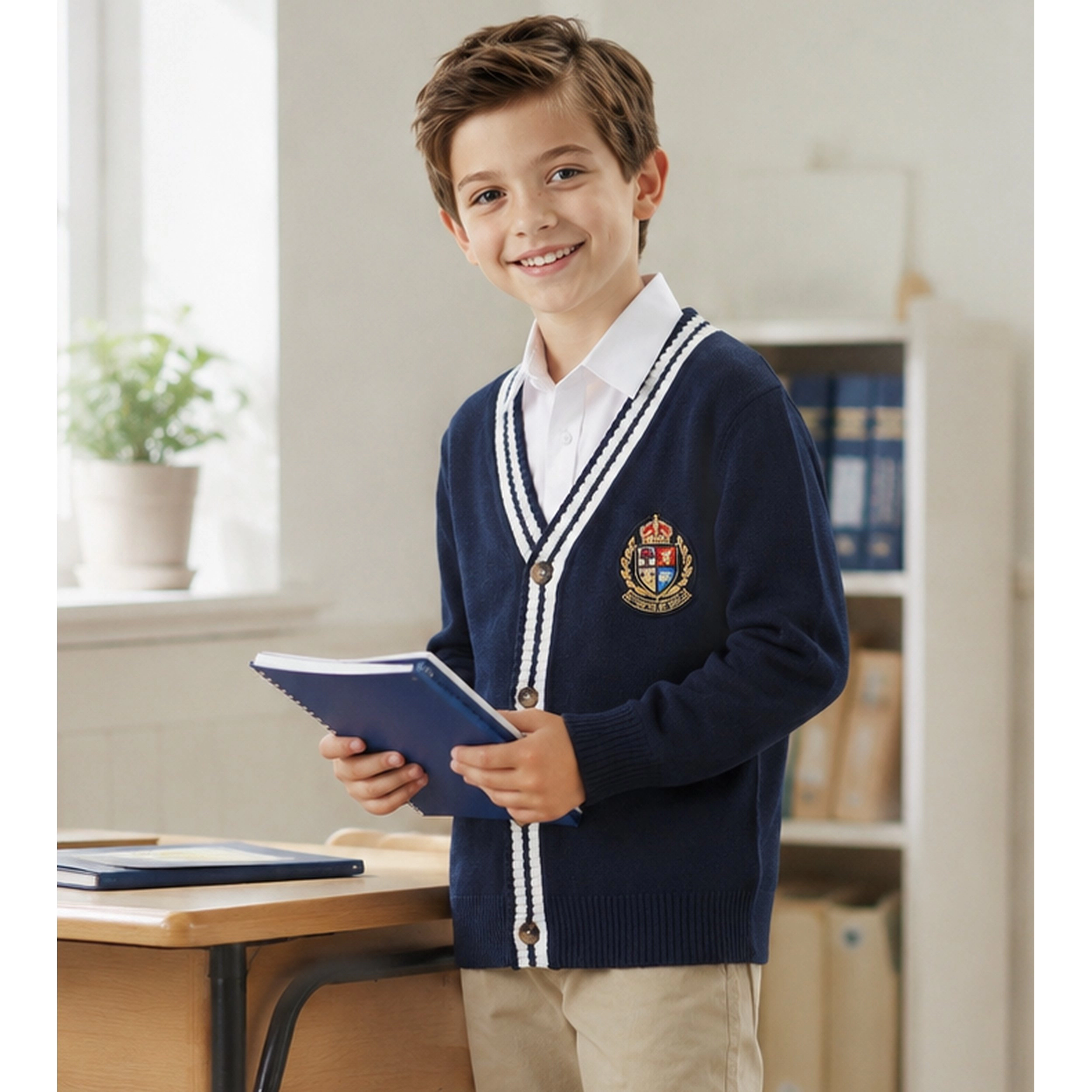Arshiner Boy's V-Neck Button-Front Knit Cardigan with Embroidered Badge