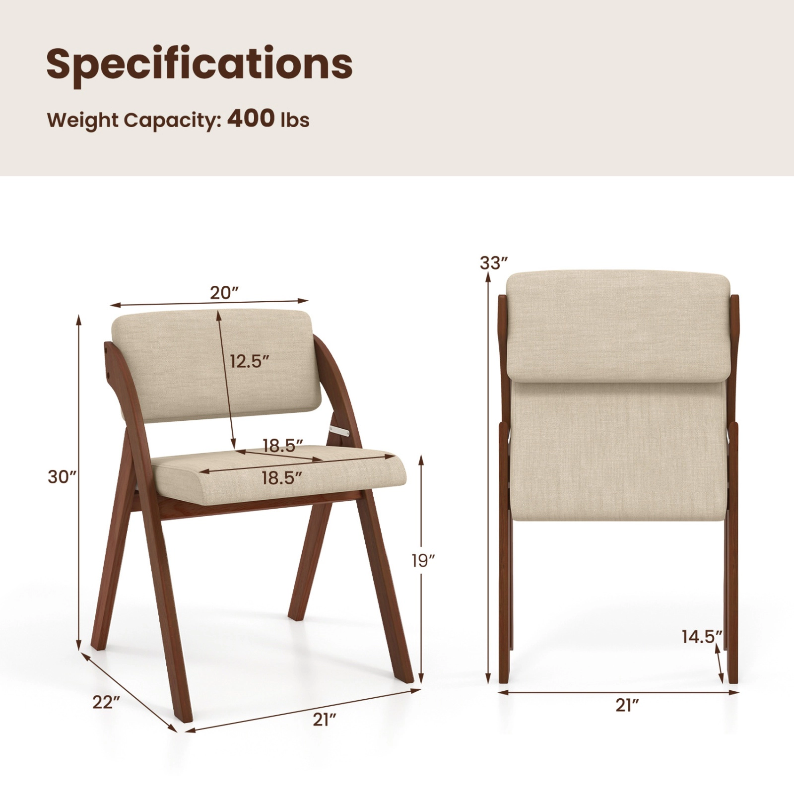 SUGIFT Set of 2 Folding Kitchen Dining Chairs with Rubber Wood Legs 355-Lb Capacity 21-in Wide Seat Walnut & Beige
