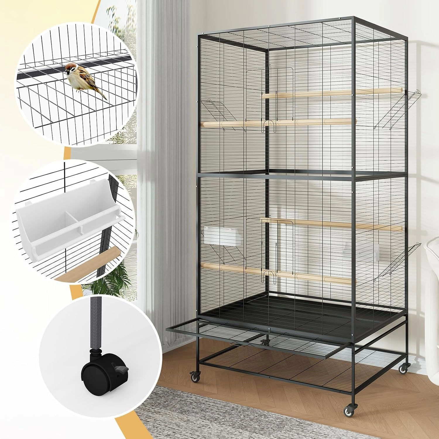 66-Inch Flat-Top Wrought-Iron Parrot Bird Cage, Rolling-Stand Large Pet Aviary for Parakeets