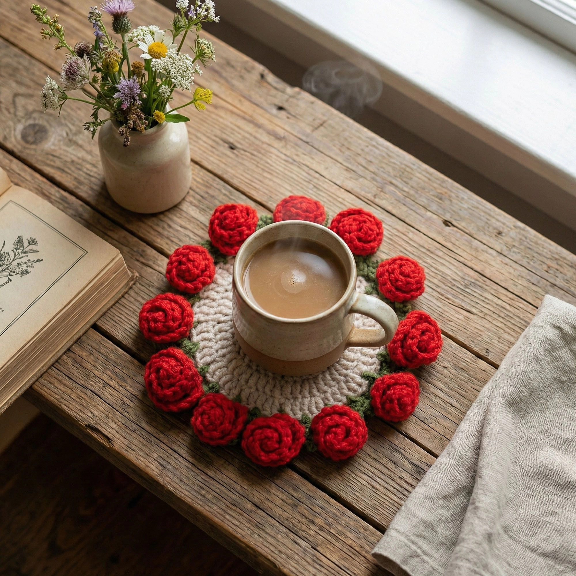Alilang Unisex Handcrafted Crochet Sunflower Coaster with Floral Knit Design