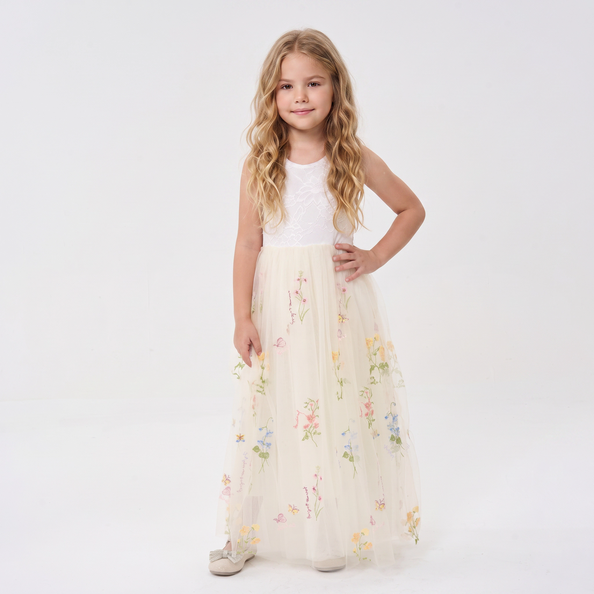 2Bunnies Girls' 3T-9Y Floral Embroidered Tulle Lace Sleeveless Maxi Flower Girl Dress