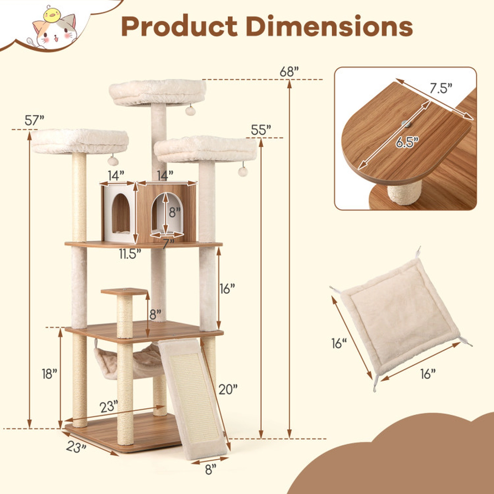 SUGIFT Cat Tree 3 Padded Perches Condo Hammock Ladder & Sisal Scratching Posts 33-lb Capacity per Layer Natural+White