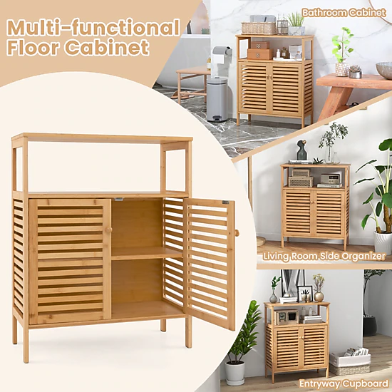 Glintex Bamboo Bathroom Cabinet with Shutter Doors and 145-Lb Total Capacity, Natural