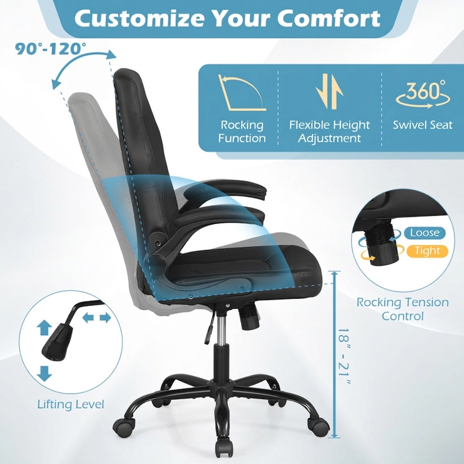 SUGIFT 300-lb Capacity Black PU Leather Ergonomic Swivel Computer Desk Chair with Flip-up Armrests