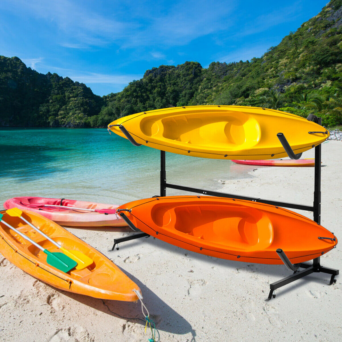 SUGIFT Adult Black Dual Kayak Storage Rack with 6 Adjustable Hook Levels 8-ft W 4.5-ft H 175-lb Load Capacity