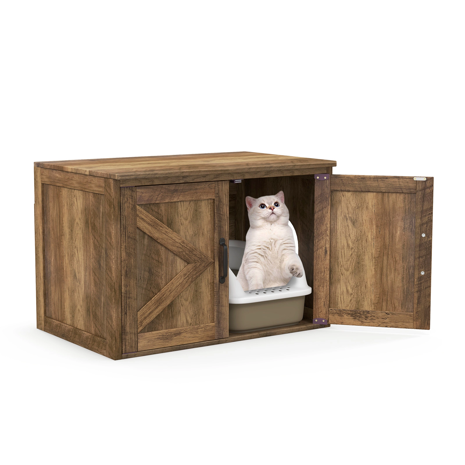 SUGIFT Flip Top Hidden Cat Washroom Pet House Cabinet with Double Barn Doors 66-lb Top Capacity 55-lb Inner Capacity Oak