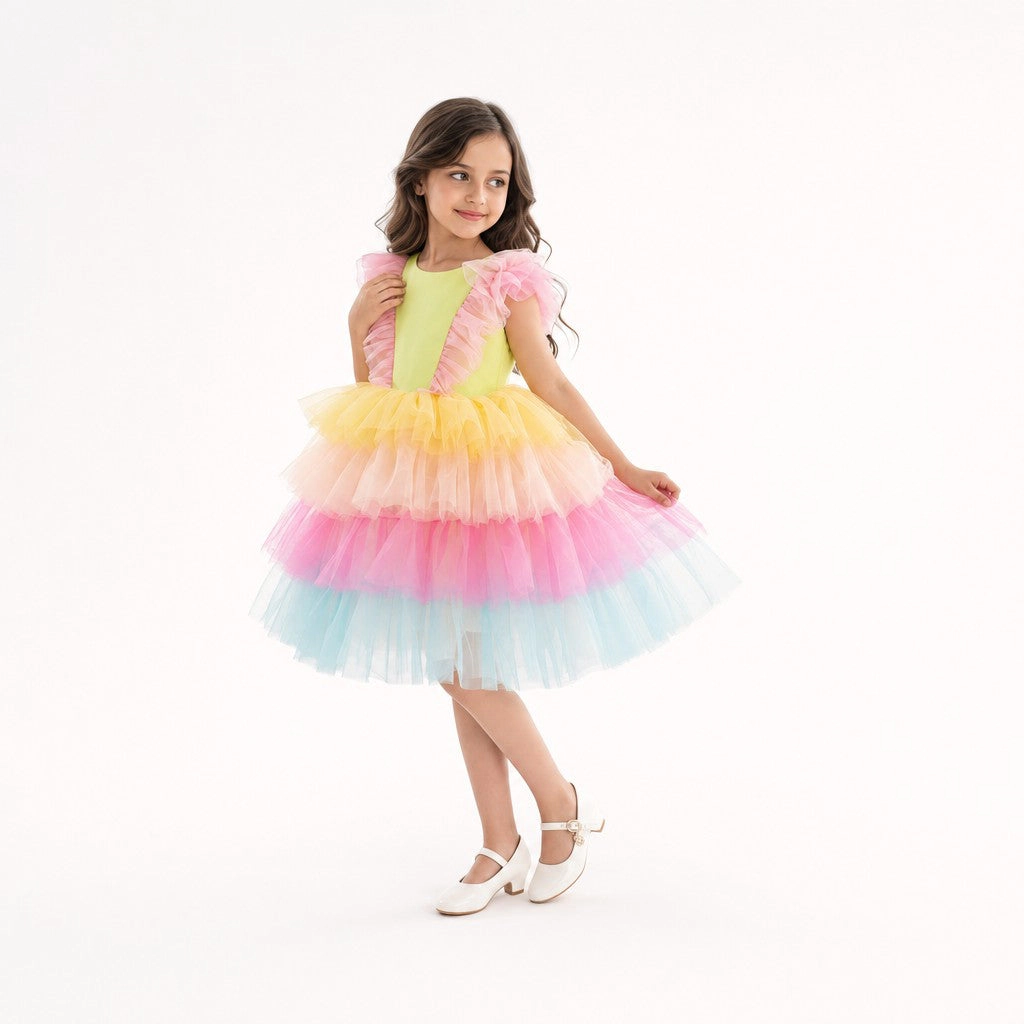 Faeella Girls Neon Glow Pastel Rainbow Tulle Birthday Dress