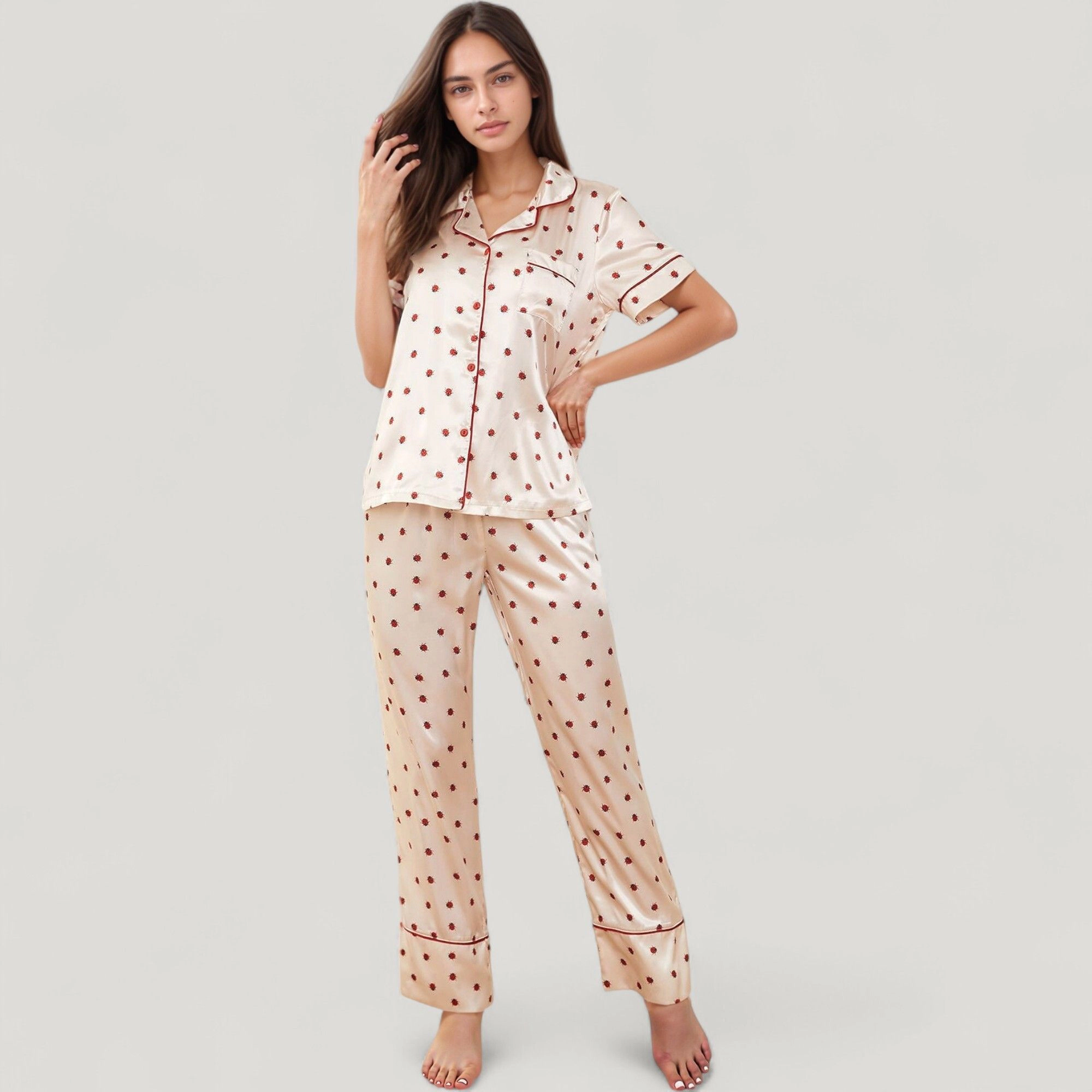Anna-Kaci Women's Satin Pajama Set with Short Sleeve Notch Collar Button Up Top and Polka Dot Wide Leg Pants