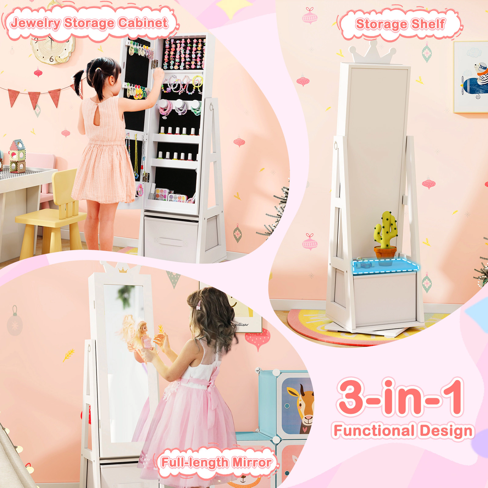 SUGIFT 46-in White Kids Jewelry Armoire with Full-Length Mirror and Swivel Cabinet for Bedroom Playroom