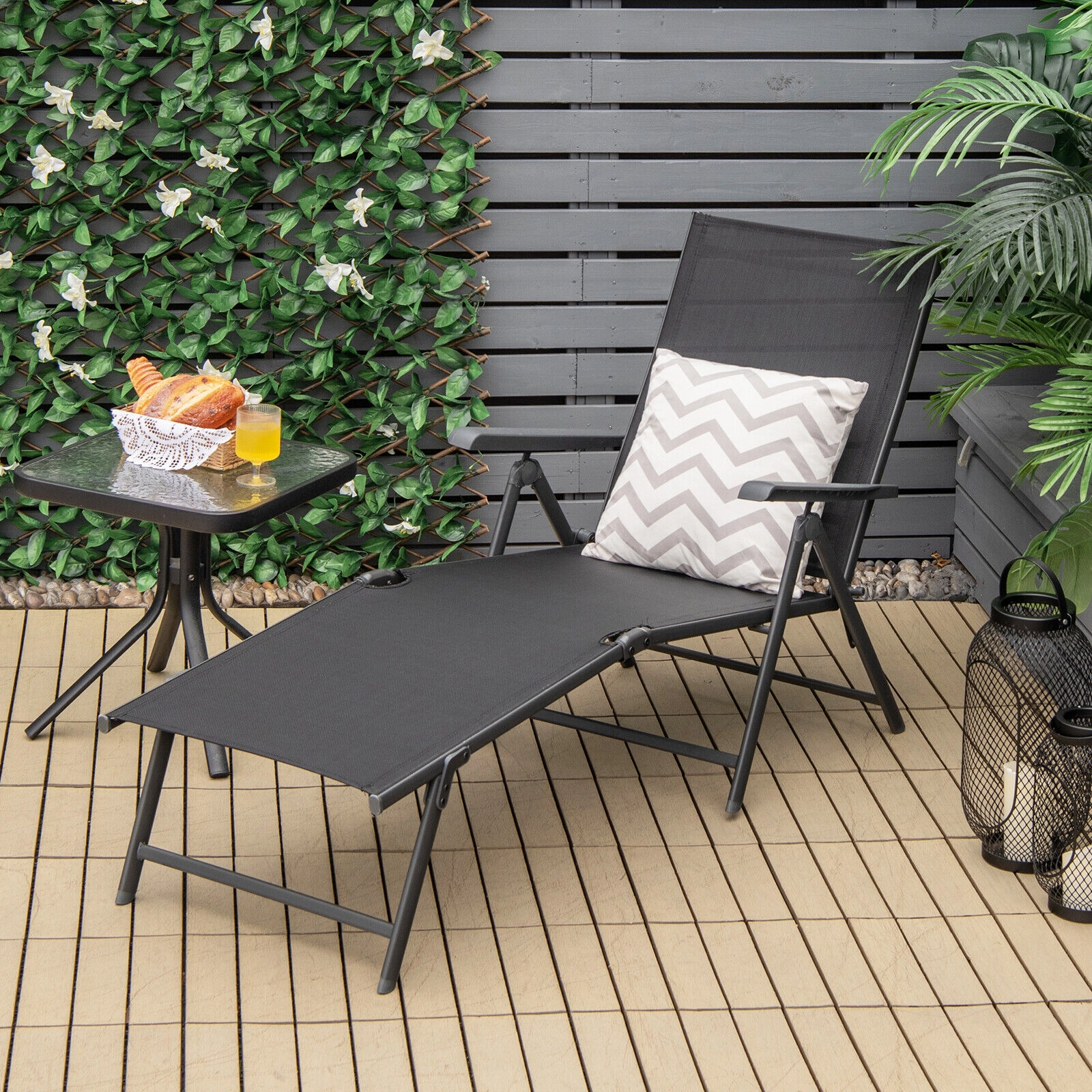 SUGIFT 2-Piece Foldable Chaise Lounge Chair 5-Position Backrest & 2-Position Footrest 330-lb Capacity Black Brown Gray
