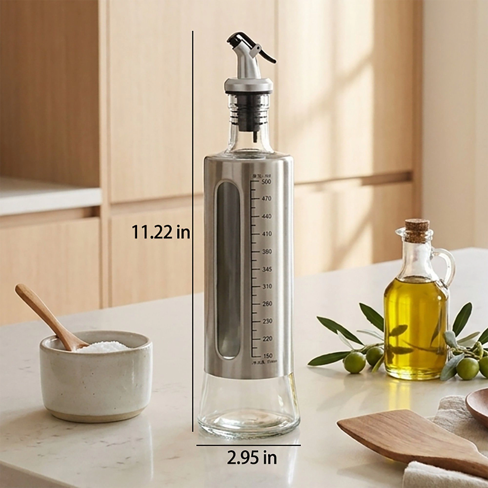 Alilang Women Glass Oil Dispenser Bottle with Stainless Steel Sleeve and Measuring Marks